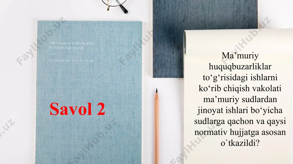 ganning, fuqarolar o‘zini o‘zi boshqarish organining nizolashilayotgan hujjati ijrosini to‘liq yoki qisman to‘xtatib turish savol 18 ishda ishtirok etuvchi shaxs bo‘lgan fuqaro vafot etganda, agar nizoli huquqiy munosabatlar huquqiy vorislikka yo‘l qo‘ysa… sudning ish yuritishni to‘xtatib turish majbur sud qaysi hollarda ish yuritishni to‘xtatib turishga haqli? savol 19 sud tomonidan ekspertiza tayinlanganda; ishda ishtirok etuvchi shaxs bo‘lgan yuridik shaxs qayta tashkil etilganda; arizachi bo‘lgan fuqaro davlat majburiyatini bajarish uchun jalb qilinganda; prinsiplari ish yuritish ma’muriy sud 01 02 03 04 arizani (shikoyatni) ko‘rmasdan qoldirish oqibatlari qaysilar? savol 20 arizani (shikoyatni) ko‘rmasdan qoldirish uchun asos bo‘lib xizmat qilgan holatlar bartaraf etilganidan keyin arizachi sudga ariza (shikoyat) bilan umumiy tartibda yangidan murojaat qilishga haqli. ballarni hisoblaymiz xatolarni taxlil qilamiz savollar mavjud bo‘lsa, marhamat! e’tiboringiz uchun rahmat image1.jpeg image2.jpeg image3.png image4.jpeg image5.jpeg image6.jpeg image7.jpeg image8.jpeg image9.jpeg image10.jpeg image12.jpeg