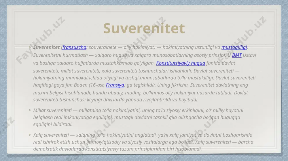 g uygʻunlashuvini ifodalaydi. shu maʼnoda u umummilliy manfaatlar majmuidir. milliy manfaatlarning qator shakllari bor. moddiy va maʼnaviy manfaatlar har qanday milliy manfaatlar tizimida asosiy oʻrin egallaydi. bundan tashqari, jamiyatning tuzilishi va uning hayotidagi ustuvor yoʻnalishlar bilan bogʻliq iqtisodiy, ijtimoiy, siyosiy, milliy, sinfiy, partiyaviy va boshqa manfaat shakllari ham mavjud. ichki va tashqi siyosat, jamiyatdagi tub oʻzgarishlar, islohotlar samarasini taʼminlash, mamlakat hayotini demokratlashtirish, modernizatsiya qilish jarayonida ham milliy manfaatlar oʻziga xos tarzda namoyon boʻladi. mezonlari - milliy manfaat (aqsh misolida) xalqaro hamkorlik bilan bog'liq idrok etilgan ehtiyojlar va intilishlar hayotiy - himoya qilinmaganda, zudlik bilan jiddiy oqibatlarga olib keladi muhim - harakat qilinmaganda, oxir-oqibat jiddiy oqibatlarga olib keladigan zararga olib keladi periferik - ta'sir qilishi dargumon xavfsizlik xavfsizlik tushunchasi tom ma'noda "xavf yoki tahdiddan xoli bo'lgan holat" degan ma'noni anglatadi (oksford lug'ati). bu juda keng ta'rif va shuning uchun xavfsizlik so'zi turli kontekstlarda turli xil usullarda qo'llaniladi. bu turli xil xavf …