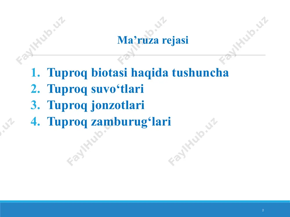 o'tlari turlarining umumiy soni 2000 yilga yaqinlashmoqda. tuproq yosunlarini guruhlashning floristik xususiyati sariq-yashil ranglarning xilma-xilligi yuqori bo'lib, ular turlarning umumiy sonining 10 foizini tashkil qiladi, suv muhitida ularning ulushi 2 foizdan oshmaydi. tuproq yosunlari orasida eng keng tarqalgan bo'lib yashil va ko'k-yashil suv o'tlari (har bir bo'linmaning 500 ga yaqin turi), so'ngra diatomlar (300 ga yaqin turlari) va sariq-yashil suv o'tlari (150 dan ortiq turlari) mavjud. 11 tuproq jonzotlari quruqlik va tuproqdagi umurtqasiz hayvonlar quruqlikdagi ekotizimdagi hayvon turlarining 95-99% ni tashkil qiladi. 12 geobiontlar tuproqlarning doimiy yashovchilaridir (tuproq qurtlari, millipedalar, chakalakzorlar). geofillar tiriklik davrining bir qismi tuproqda yashovchi geofillar (qo'ng'iz lichinkalari). geoxenlar vaqtincha tuproqda panoh topadilar (masalan, zararkunandalar toshbaqasi, ba'zi hasharotlar). tuproqda yashovchi - hayvonlar tuproq muhitiga turli xil moslashuvlarni rivojlantiradilar. 13 nanofauna bir hujayrali protozoa bilan ifodalanadi, ularning kattaligi ikki-uch o'nlab mikrometrlardan oshmaydi. ular suv bilan to'ldirilgan tuproq teshiklarida yashaydilar. 14 mikrofaunaga ko'p hujayrali mikroskopik hayvonlar (rotiferlar, nematodalar, tardigradlar) …