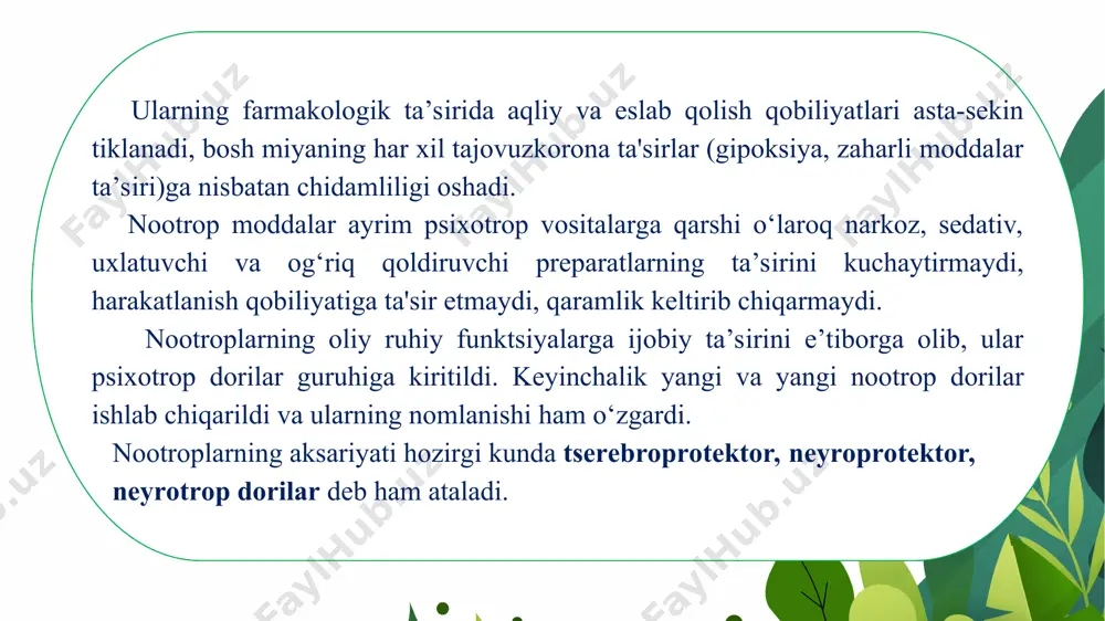 nimlari: noofen, noofen 100; noofen 500. 4. pantogam (pantogamum), d-(+) gomopantoten kislotasining kaltsiyli tuzi sinonimlari: gopantam, pantogam aktiv, pantokaltsin. 5. pikamilon (pikamilonum), n-nikotionoil-y-aminomoy kislotasining natriyli tuzi 6. aminofenil moy kislotasi (aminophenyl oil acid) sinonimlari: anvifen, bifren, neyrofen. 7. piriditol (piriditolum), bis-(2-metil-3-oksi-4-oksimetilpiridil-5-metil)-disulfid digidroxloridi sinonimlari: entsefabol 8. fenotropil (fenotropil), n-karbamoil-metil-4-fenil-2-pirrolidon 9. idebenon (idebenone), 2-(10-gidroksidetsil)-5-6-dimetoksi-3-metil-tsiklogeksa-2,5-diyen-1,4-dion sinonimi: noben 10. semaks (semax) 11. kentron. majmuaviy preparat 12. tserebrolizin (cerebrolysin) sinonimi: tserabin-ts 13. tserebrolizat (cerebrolysatum) 14. korreksion (cotexin) 15. glutamin kislotasi (acidum glutaminicum), 2-aminoglutar kislotasi 16. xolim alfostserati (choline alfoscerate) sinonimlari: alfoatilin, gliatilin, gliyaton, medotilin, tserepro, tsereton, tseteron. 17. intellan, intelmaks. majmuaviy preparat. 1. ©z. ibodullayev. tibbiyot psixologiyasi. darslik., 3-nashr., t.; 2019., 494b. © ibodullayev ensiklopediyasi., 2022 y; ©asab.cc 2. n.a. musayeva, m. n. maxsumov, s h .s h . talipova ,,farmakologiya asoslari“ tibbiyot kollejlari uchun uchun o ‘quv qo‘llanma 5-nashri toshkent — «ilm ziy o »-2018 3. xarkevich d.a. farmakologiya ,,o’quv darslik” 4. solixo’jayev zikrilla …