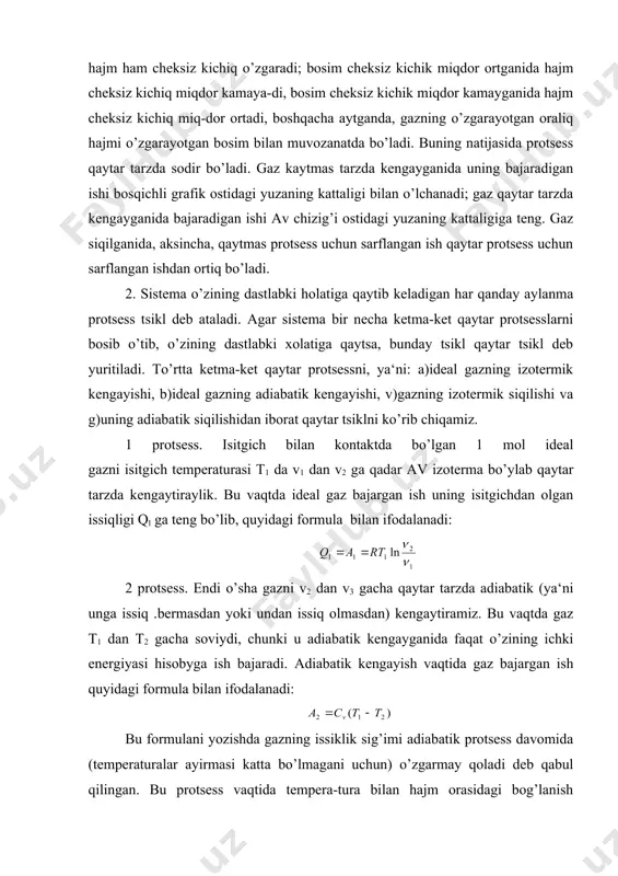 agar sistema bir necha ketma-ket qaytar protsesslarni bosib o’tib, o’zining dastlabki xolatiga qaytsa, bunday tsikl qaytar tsikl deb yuritiladi. to’rtta ketma-ket qaytar protsessni, ya‘ni: a)ideal gazning izotermik kengayishi, b)ideal gazning adiabatik kengayishi, v)gazning izotermik siqilishi va g)uning adiabatik siqilishidan iborat qaytar tsiklni ko’rib chiqamiz. 1 protsess. isitgich bilan kontaktda bo’lgan 1 mol ideal gazni isitgich temperaturasi т1 da v1 dan v2 ga qadar av izoterma bo’ylab qaytar tarzda kengaytiraylik. bu vaqtda ideal gaz bajargan ish uning isitgichdan olgan issiqligi ql ga teng bo’lib, quyidagi formula bilan ifodalanadi: 2 protsess. endi o’sha gazni v2 dan v3 gacha qaytar tarzda adiabatik (ya‘ni unga issiq .bermasdan yoki undan issiq olmasdan) kengaytiramiz. bu vaqtda gaz t1 dan т2 gacha soviydi, chunki u adiabatik kengayganida faqat o’zining ichki energiyasi hisobyga ish bajaradi. adiabatik kengayish vaqtida gaz bajargan ish quyidagi formula bilan ifodalanadi: bu formulani yozishda gazning issiklik sig’imi adiabatik protsess davomida (temperaturalar ayirmasi katta bo’lmagani …