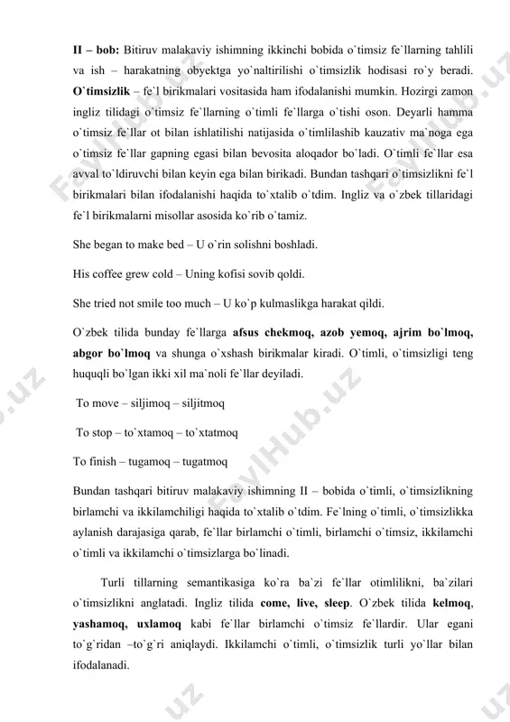 bilan birikadi. bundan tashqari o`timsizlikni fe`l birikmalari bilan ifodalanishi haqida to`xtalib o`tdim. ingliz va o`zbek tillaridagi fe`l birikmalarni misollar asosida ko`rib o`tamiz. she began to make bed – u o`rin solishni boshladi. his coffee grew cold – uning kofisi sovib qoldi. she tried not smile too much – u ko`p kulmaslikga harakat qildi. o`zbek tilida bunday fe`llarga afsus chekmoq, azob yemoq, ajrim bo`lmoq, abgor bo`lmoq va shunga o`xshash birikmalar kiradi. o`timli, o`timsizligi teng huquqli bo`lgan ikki xil ma`noli fe`llar deyiladi. to move – siljimoq – siljitmoq to stop – to`xtamoq – to`xtatmoq to finish – tugamoq – tugatmoq bundan tashqari bitiruv malakaviy ishimning ii – bobida o`timli, o`timsizlikning birlamchi va ikkilamchiligi haqida to`xtalib o`tdim. fe`lning o`timli, o`timsizlikka aylanish darajasiga qarab, fe`llar birlamchi o`timli, birlamchi o`timsiz, ikkilamchi o`timli va ikkilamchi o`timsizlarga bo`linadi. turli tillarning semantikasiga ko`ra ba`zi fe`llar otimlilikni, ba`zilari o`timsizlikni anglatadi. ingliz tilida come, live, sleep. o`zbek tilida kelmoq, yashamoq, …