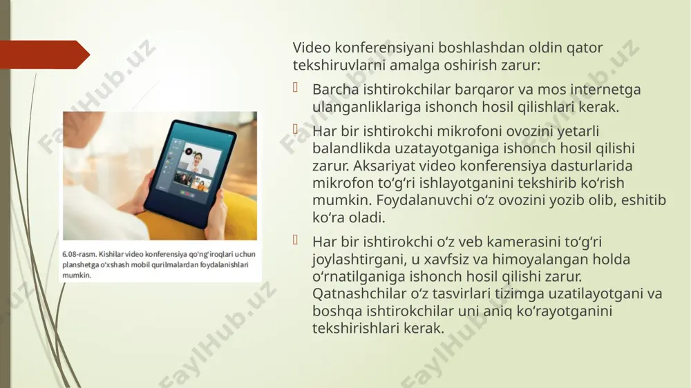 faylni ochadi. natijada video va audio signallar ijro etiladigan holatga keladi. video konferensiyaning samarasi video konferensiya taʼlimga va oʻquvchilarning oʻqishiga ham taʼsir koʻrsatdi. oʻquvchilarni jalb qilishda oʻqituvchini tinglash, kitob yoki veb sahifani oʻqish oʻrniga video konferensiyadan foydalaniladi. video konferensiya oʻquvchilarga dunyoning boshqa joylaridagi maktab va universitetlarda oʻqiyotgan tengdoshlari bilan suhbatlarda ishtirok etish va gʻoyalarni ayirboshlash imkonini beradi. universitetlarda video konferensiyalar faol qoʻllanadi. texnologiya oʻqituvchi-larga ayni paytda bir universitetda boʻlaturib, bir nechta universitetda maʼruza oʻqish imkonini beradi. bilimlarni bunday almashish, ayniqsa, kurs boʻyicha maʼruzachi topish qiyin boʻlgan sohalarda nisbatan keng tarqalgan holatdir. tibbiyot va tibbiy xizmat – video konferensiya yanada koʻproq samara keltirishda davom etayotgan sohalardir. turli shifoxonalardagi konsultantlar va shifokorlar bemorning ahvolini muhokama qilishlari va diagnoz qoʻyishga yordam berishlari mumkin. baʼzida biznes yurtishning eng yaxshi yoʻli yuzma-yuz koʻrishishdir. email va telefon biznes kelishuvlarni tashkil qilish va amalga oshirishda samarali vositalar hisoblanadi, biroq ish katta qiymatga ega bitimlarga kelganida, kishilar, qoidaga …