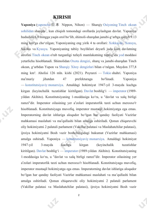 torlik taxti uchun merosxoʻr hisoblanadi. konstitutsiyaga muvofiq, imperator mustaqil hokimiyatga ega emas. imperatorning davlat ishlariga aloqador boʻlgan har qanday faoliyati vazirlar mahkamasi maslahati va maʼqullashi bilan amalga oshiriladi. qonun chiqaruvchi oliy hokimiyatni 2 palatali parlament (vakillar palatasi va maslahatchilar palatasi), ijroiya hokimiyatni bosh vazir boshchiligidagi hukumat (vazirlar mahkamasi) amalga oshiradi. yaponiya moʻtadil, subtropik va tropik mintaqalarda joylashgan. yaponiya paydo bo’lish tarixi qirgʻoq chizigʻining umumiy uzunligi —30 ming km ga yaqin. xonsyu orolining janubiy sohili, shikoku va kyushu orollarining qirgʻoqlarida qoʻltiq koʻp; bu yerda murakkab qirgʻoq chizigʻiga ega boʻlgan ichki yapon dengizi joylashgan. ryukyuning janubiy orollari marjon riflari bilan oʻralgan.yaponiya hududining 3/4 qismi qir va togʻlardan iborat; pasttekisliklar sohil boʻylab ayrim qismlarda joylashgan. hokkaydo oroldagi tizmalarning baʼzi choʻqqilari 2000 m dan oshadi (asahi choʻqqisi — 2290 m). honshu orolning shimoliy qismida 3 ta boʻylama togʻ tizmalari boʻlib, ular vodiy va soyliklar bilan boʻlingan; orolda bir qancha vulkan, jumladan, yaponiyadagi eng baland …