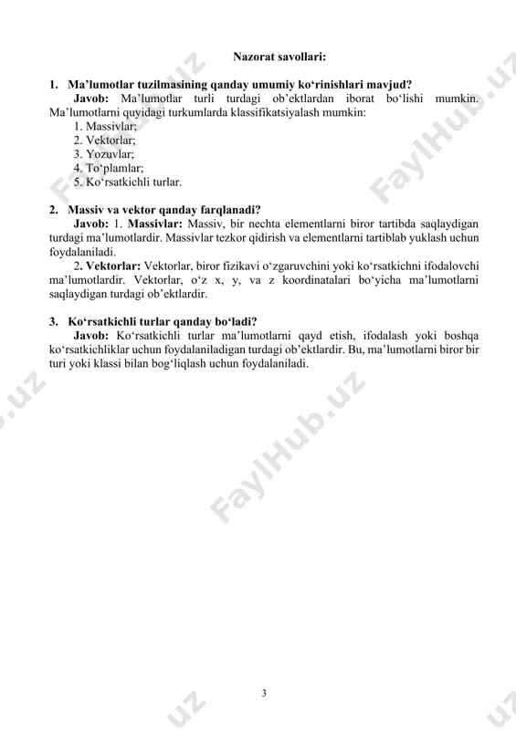 vni ketma-ket har bir elementini solishtirib chiqish va bu usul - chiziqli qidiruv - linear search deb ataladi 3. binar qidiruv qanday tuzilgan? javob: bu usulda ham funksiyaga 2 ta parametr, birinchisi massiv o‘zi keyin esa biz qidirayotgan elementni parametr sifatida beriladi. 4. ikkala qidiruv tizimini qanday farqli jihatlari mavjud? javob: 1. funksiyaga berilayotgan massiv binar qidiruv uchun albatta o‘sish tartibida bo‘lishi talab qilinadi, chiziqli qidiruv uchun esa berilayotgan massiv qay tartibda bo‘lishini ahamiyati yo‘q 2. chiziqli qidiruvda elementlarni bittalab har birini tekshiriladi, binarda esa algoritmidan kelib chiqib chiziqliga nisbatan ancha kam solishtirish amali bajariladi, chiziqli qidiruvning ishlash vaqti ko‘pi bilan o (n) va binar qidiruvniki ko‘pi bilan o (log n). 5. indexlarni qanday axamiyati mavjud? javob: indekslar so‘ralgan ma'lumotlarni topish vaqtini qisqartirishga yordam beradigan ma'lumotlar tuzilmasi. indekslar bunga qo‘shimcha saqlash, xotira va ularni yangilab turish (sekinroq yozish) hisobiga erishadi, bu bizga jadvalning har bir qatorini tekshirishning zerikarli vazifasini o‘tkazib …