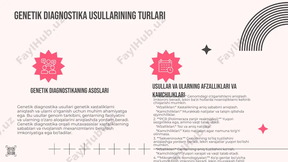 o'zgarishlar keltiradi. crispr, yuqori o'tkazuvchanlikli sekvenlash va raqamli pcr kabi texnologiyalar, genetik xastaliklarni aniqlashda aniqlik va samaradorlikni oshirishga yordam beradi. bu tadqiqotlar shaxsiylashtirilgan tibbiyotda yangi imkoniyatlar yaratmoqda. photo by jannis brandt on unsplash 02. molekulyar diagnostikada tendensiyalar hozirgi kunda molekulyar diagnostikada asosiy tendensiyalar sifatida genetik testlarning rivojlanishi va yangi texnologiyalarning joriy etilishi ko‘rinmoqda. bu jarayonlar shaxsiylashtirilgan tibbiyotga o'tish imkoniyatlarini yaratadi, kasalliklarni aniqlash va davolashda yangi yondashuvlar taklif etadi. biroq, ushbu tendensiyalar bilan birga bir qator muammolar ham kelib chiqmoqda, masalan, genetik testlarning ishonchliligi va ma'lumotlarning etik jihatlari. tendensiyalar va muammolar o'rtasidagi bog'liqlik molekulyar diagnostikaning kelajagini shakllantiradi. yangi usullar va ularning afzalliklari molekulyar diagnostikada yangi usullar, jumladan, crispr va ngs texnologiyalari genetik kasalliklarni aniqlashda inqilobiy o'zgarishlar keltiradi. bu usullar yuqori aniqlik va tezlikda natijalar taqdim etadi. afzalliklari: - yuqori aniqlik: genetik o'zgarishlarni aniqlashda xatolik darajasi juda past. - tezlik: natijalar tezda olinadi, bu esa davolashni tezlashtiradi. - keng qamrov: bir vaqtning …