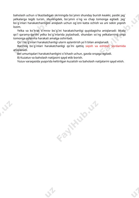 miyatga egaki agar bemor turgan holatda chayqalmasdan tursa ham ko`zlarini yumganidan so`ng keyingi 5 sekund mobaynida chayqala boshlanadi. miyacha fuunksiyalari buzilganda hatto ko`zlar ochiq bo`lganda ham chayqalish kuzatiladi. 5) falajlikni tekshirish uchun skrining testlar. (1) bare simptomlarini kuzatish: harakat falajligi mavjudligini baholash uchu8n dastlab bare belgilari paydo bo`lishini kuzatish lozim. bunda qo`l va oyoqlarni ma’lum bir holatda ushlab tura olish qobiliyati tekshiriladi. qo`l kaftlarini yuqoriga qaratish, ko`zlarni yumish va 30 soniyadan ortiq vaqt mobaynida kuzatish. o`zgarish mavjud bo`lgan tomonda pronatsiya kuzatiladi va qo`l tushib ketadi. oyoq tovonini 45 gradusga ko`tarish va 1 daqiqa mobaynida kuzatish. bunda oyoqlar bikr-biriga tegmasligiga e’tibor berish. bu holatda ham zararlangan oyoq birinchi pastga tushadi. (2) mushak tonusi: mushak tonusi kuchayishi yoki susayishi mavjudligini aniqlash. orqaga yotish va o`zini bo`sh qo`yish. yelka, tirsak, qo`l, oyoq, tizza, shuningdek, tos sohasi bo`g`inlari bilan turli yo`nalishlarda passiv harakatlarni amalga oshirish. bo`g`inlarning qarshilik kuchi va harakatchanligini kuzatish. 6) mushak kuchini …