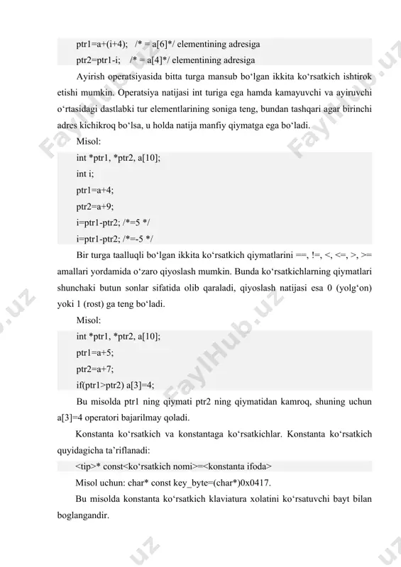 asturni bajarish paytida joylashtirilishi mumkin. asosiy farq ushbu usullarni qo‘llashda ko‘rinadi - ularning samaradorligi va moslashuvchanligida. statik joylashtirish samaraliroq, chunki bunda xotirani ajratish dastur bajarilishidan oldin sodir bo‘ladi. biroq bu usulning moslashuvchanligi ancha past, chunki bunda biz joylashtirilayotgan ob’ektning turi va o‘lchamlarini avvaldan bilishimiz kerak bo‘ladi. masalan, matniy faylning ichidagisini satrlarning statik massivida joylashtirish qiyin: avvaldan uning o‘lchamlarini bilish kerak bo‘ladi. noma’lum sonli elementlarni oldindan saqlash va ishlov berish kerak bo‘lgan masalalar odatda xotiraning dinamik ajratilishini talab qiladi. xotirani dinamik va statik ajratish o‘rtasidagi asosiy farqlar quyidagicha: · statik ob’ektlar nomlangan o‘zgaruvchilar bilan belgilanadi, hamda ushbu ob’ektlar o‘rtasidagi amallar to‘g‘ridan-to‘g‘ri, ularning nomlaridan foydalangan holda, amalga oshiriladi. dinamik ob’ektlar o‘z shaxsiy otlariga ega bo‘lmaydi, va ular ustidagi amallar bilvosita, ko‘rsatkichlar yordamida, amalga oshiriladi; · statik ob’ektlar uchun xotirani ajratish va bo‘shatish kompilyator tomonidan avtomatik tarzda amalga oshiriladi. dasturchi bu haqda o‘zi qayg‘urishi kerak emas. statik ob’ektlar uchun xotirani ajratish va bo‘shatish …