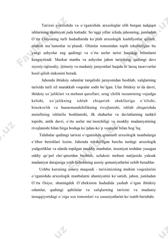 daniy taraqqiyotidagi o`ziga xos tomonlari va xususiyatlarini ko`rsatib berishdir. neolit davri uzoq davom etgan tosh asrining so`nggi va yakunlovchi bosqichi hisoblanadi. neolit yunoncha, «neos» - yangi, «litos» - tosh degan so`zlardan tarkib topgan bo`lib, u «yangi tosh» davri degan ma`noni anglatadi. arxeologiya faniga neolit tushunchasini 1865 yilda ingliz arxeologi lebbok olib kirgan. neolit davri miloddan avvalgi 6-4 ming yilliklarni o`z ichiga oladi. arxeologlar neolit davrining boshlanishini sopol idishlar yasashni kashf etilishi bilan belgilaydi. neolit davrining ob-havosi hozirgidek bo`lib, iqlim kishilarning keng hududlarga tarqalishi va joylashishi uchun imkon bergan. natijada keng hududlarga o`rnashgan odamlar guruhi turli tabiiy sharoitga moslashgan va alohida madaniyat yaratgan. turli geografik muhit va sharoitdan kelib chiqib, ularning mehnat qurollari, uy-ro`zg`or buyumlari, turar joylari va хo`jaliklari ham har xil shaklga ega bo`lgan. bu esa хo`jalikning notekis rivojlanishiga sabab bo`ladi. janubiy o`lkalarning serhosil yerlarida yashagan kishilar xo`jalikning dehqonchilik, chorvachilik va hunarmandchilik shakllarini rivojlantirgan. bu davr xo`jaligi ishlab chiqaruvchi xo`jalik …