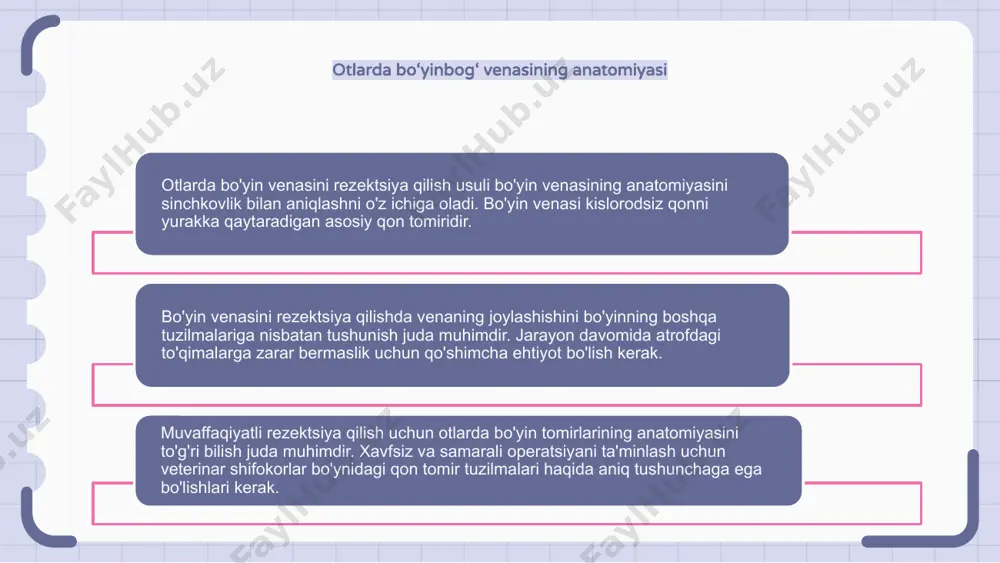 rga zarar etkazmaslik uchun aniqlik va ehtiyotkorlikni talab qiladi. izolyatsiya qilinganidan keyin vena tegishli jarrohlik texnikasi yordamida rezektsiya qilinishi mumkin. rezektsiya paytida qon ketishini nazorat qilish usullari otlarda bo'yinbog' venasini rezektsiya qilish usuli kesma qilishdan oldin tomirni ehtiyotkorlik bilan ajratib olish va bog'lashni o'z ichiga oladi. bu jarayon davomida qon ketishini nazorat qilishga yordam beradi. rezektsiya paytida qon ketishini nazorat qilish usullaridan biri qon tomirlarini siqish uchun atrofdagi to'qimalarga yumshoq bosim o'tkazishdir. bu qon ketishini kamaytirishga va protsedurani xavfsizroq qilishga yordam beradi. yana bir samarali usul - rezektsiya paytida yuzaga keladigan qon ketishini to'xtatish uchun gemostatik vositalar yoki tikuvlardan foydalanish. ushbu vositalar ot uchun muvaffaqiyatli va xavfsiz operatsiyani ta'minlashga yordam beradi. bo'yin venasining dumini yopish texnikasi otlarda bo'yin venasini rezektsiya qilingandan so'ng, bo'yin tomirlarini to'g'ri yopish usullari asoratlarning oldini olish va optimal davolanishni ta'minlash uchun juda muhimdir. keng tarqalgan usullardan biri tomirning kesilgan uchini mahkam yopish va gemostaza yordam berish …