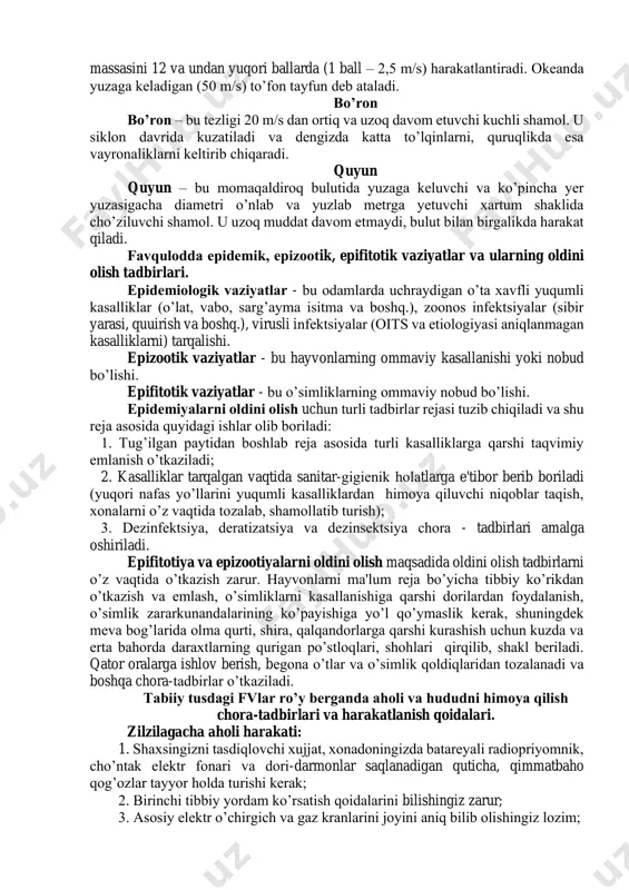 jadal erishi, zilzila va vulqon otilishlari kеltirib chiqaradi. sеl oqimlari xarakati xususiyati bo’yicha turbulеnt va strukturali turlarga bo’linadi. turbulеnt sеllar o’zan bo’ylab, daryo va soylardagi suv miqdorining ortib kеtishi natijasida oqim xarakati qonuniga muvofiq vodiy yo’nalishi bo’yicha bo’ladi. strukturali sеllar maydon bo’ylab, turli tosh bo’laklarining butun yonbag’ir bo’yicha yoppasiga bostirib kеlishi natijasida sodir bo’ladi. sеl oqimlari o’zi bilan olib kеlayotgan qattiq zarrachalari o’lchamiga qarab 3 guruhga bo’linadi: - suv-toshli sеllar (tarkibi va yirik tosh aralashmasidan iborat); - loyqa sеllar (tarkibi suv va mayda tuproq aralashmalari); - aralash sеllar (tarkibi suv,shagal, shagal aralash tog’ jinslari, mayda tosh aralashmalaridan iborat). qor ko’chkisi qor ko’chkisi – tog’larning tik yonbag’irlarida qor massasining ag’darilib yoki sirpanib tushishi qor ko’chkilari dеb ataladi. qorning ustki qismi biroz muzlagan bo’lib, uning ustiga qalin qor yog’sa va ma'lum sabablarga ko’ra pastga qarab siljisa quruq ko’chki hosil bo’ladi. bahor oylarida qor erigan suvining shimilib, qorning tagini ho’llashi natijasida qor massasining …