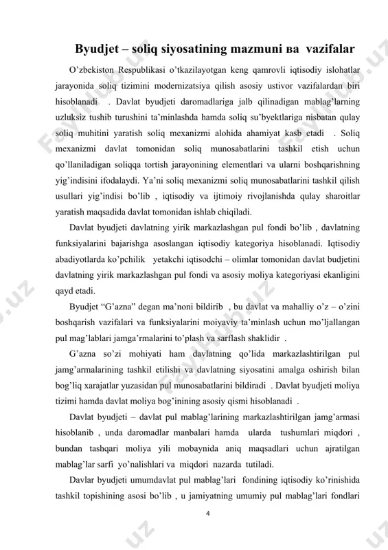 davlat byudjetining mohiyati – bozor iqtisodiyotidagi iqtisodiy qonunlar , davlatning tabiati bilan belgilanadi . byudjet iqtisodiy kategoriya sifatida ishlab chiqarish munosabatlarining ijtimoiy ishlab chiqarish jarayonida faol ta’sir ko’rsatadigan tomonlarini o’zida mujassam etadi . davlat o’z vazifalarini bajarish jarayonida bir qator xarajatlar qilishi zarur . bu xarajatlar eng avvalo mamlakat iqtisodiyotini rivojlantirish uchun turli sohalarga investitsiya qilish uchun mo’ljallangan , aholininng yashash darajasini yaxshilashga va ijtimoiy vazifalarni bajarishga qaratilgan , davlatning boshqarish , mudofaani ta’minlash kabi aniq maqsadlarga yo’naltirilgan rejalashtirilgan xarajatlardan iborat bo’ladi. bu xarajatlar budjet orqali moliyalashtiriladi. unitar davlat byudjeti ikki bo’g’indan iborat ekan bu qatorga o’zbekiston ham kiradi, shundey ekan ular quyigilarga bo’linadi: 1. respublika budjeti 2. mahalliy budjetlar o’zbekistonning davlat hokimiyati idoralari: viloyatlar, shaharlar va tumanlar bilan o’zaro munosabatlarni yangicha iqtisodiy asoslarda qayta tashkil etildi. respublikamiz o’z daromadlarini mustaqil tasarruf etadigan va o’z xarajatlarini to’la – to’kis o’zi moliyalashtiradigan bo’ldi. bularning hammasi davlatning zaruriy xususiyatini sanaluvchi byudjet va …
