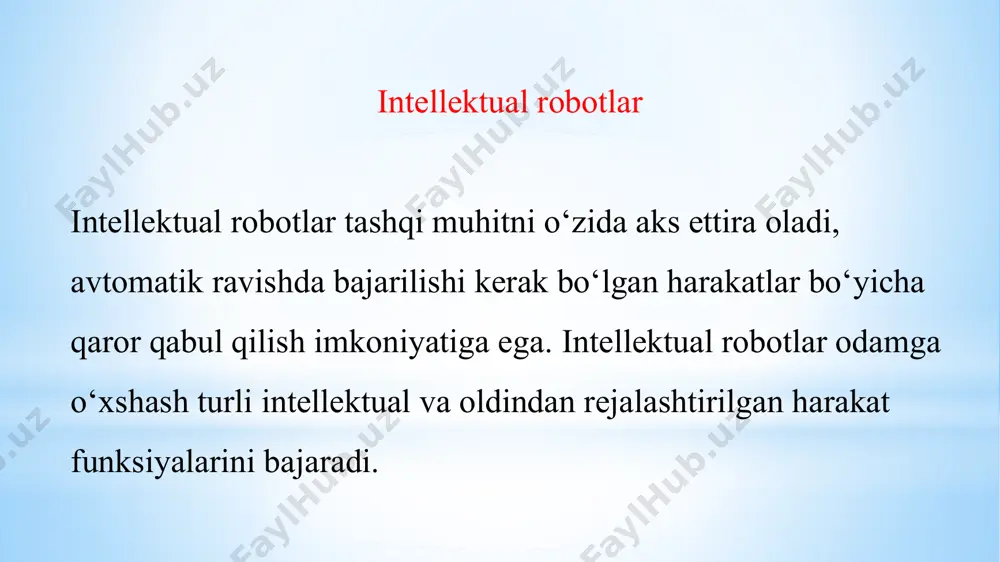nsor qurilmalar; 7 - muloqot qurilmasi; 8 - manba bloki. hozirgi vaqtda jahonda intellektual robotlarning ayrim turlari yaratilgan. masalan, aqshning “sheyki” va yaponiyaning “xivip” robotlari. ular ma’lum predmet sohasida tash qi muhitni o‘zining sensor qurilmalari yordamida qabul qiladi, axborotlami qayta ishlab qaror qabul qiladi va tashqi muhitga moslashib, ayrim intellektual masalalarni yecha oladi. image1.png image2.png image3.png image4.png /docprops/thumbnail.jpeg