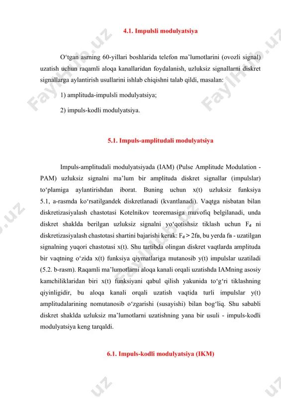 ʻshni amplitudalar orasidagi katta farq ehtimoli juda kichik va bu farqni kodlash uchun bu farqni 0 dan 15 gacha kodlash uchun 4 bit kifoya qiladi. keyin kvantlash chastotasi vaqt sekundiga 8000 marta, 8000 * 4 = 32 kbps tezlikni olamiz, bu standart pcm tezligining yarmiga teng. 6.1-rasm. impuls-amplitudali modulyatsiya. differensial impuls-kodli modulyatsiyaning yanada murakkab varianti bashoratli kodlash boʻlib, unda bir nechta oldingi namunalar asosida real va taxmin qilingan signal qiymati oʻrtasidagi farq kodlanadi va uzatiladi. bu bitta signal oʻlchovini kodlash uchun bitlar sonini yanada kamaytirishga imkon beradi va natijada aloqa kanalining oʻtkazuvchanligi talabini kamaytiradi. g.726 standarti bitta signal oʻlchovini kodlash uchun 5, 3 va 2 bitdan foydalanishga imkon beradi, bu esa 40, 24 va 16 kbit/s uzatish tezligini (bit tezligini) olish imkonini beradi. modulyatsiyaning moslashuvchanligi kvantlash bosqichini oldingi qiymatlarga muvofiq dinamik ravishda sozlashdan iboratligidir. 7.1. diskret ma’lumotlarni modulyatsiyalash usullari diskret (raqamli) ma’lumotlarni uzluksiz yuqori chastotali sinusoidal signal (tashuvchi) sifatida namoyish …