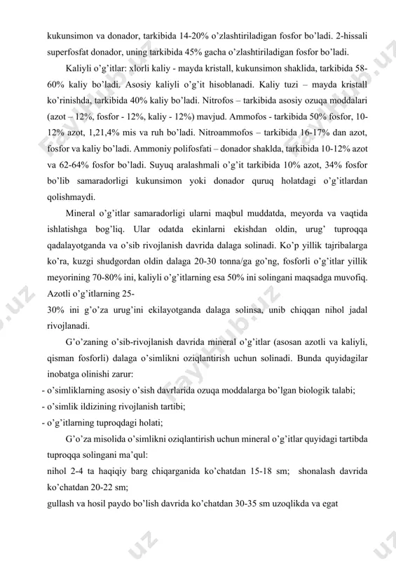 sh davrida mineral o’g’itlar (asosan azotli va kaliyli, qisman fosforli) dalaga o’simlikni oziqlantirish uchun solinadi. bunda quyidagilar inobatga olinishi zarur: · o’simliklarning asosiy o’sish davrlarida ozuqa moddalarga bo’lgan biologik talabi; · o’simlik ildizining rivojlanish tartibi; · o’g’itlarning tuproqdagi holati; g’o’za misolida o’simlikni oziqlantirish uchun mineral o’g’itlar quyidagi tartibda tuproqqa solingani ma’qul: nihol 2-4 ta haqiqiy barg chiqarganida ko’chatdan 15-18 sm; shonalash davrida ko’chatdan 20-22 sm; gullash va hosil paydo bo’lish davrida ko’chatdan 30-35 sm uzoqlikda va egat tubidan 3-5 sm chuqurlikka solinadi. so’nggi yillarda mineral o’g’itlarning yangi turlari yaratilmoqda, xorijiy davlatlardan keltirilmoqda. ulardan foydalanish har bir tuproq-iqlim sharoitida o’ziga xos tabaqalashtirilgan yondashishni talab qiladi. mineral o’g’itlarni qishloq xo’jaligida ishlatishning muhim talablaridan biri, ular o’simlik talabini yetarli darajada qondirishi bilan bir qatorda tuproq, oqar va yer osti suvlarining sifatini buzmasligi (ifloslamasligi) kerak. mineral o’g’itlarning aksariyat ko’pchiligi suvda tez eruvchan va harakatchan bo’lganligi sababli, ular tarkibidagi moddalarning ma’lum qismi oqava, yer osti …
