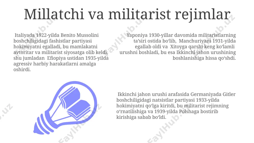 vlat a'zo bo'lgan millatlar ligasi, global tinchlikni ta'minlash maqsadida yaratilgan bo'lsa-da, ikkinchi jahon urushining oldini ololmadi va 1946-yilda bmt bilan almashtirildi. ikki jahon urushi oraligʻidagi yevropa mamlakatlari buyuk britaniyani 1926 yildagi umumiy ish tashlash falaj qildi, bu esa ko'mir konchilari va po'lat ishlab chiqaruvchilarning britaniya iqtisodiyotini qo'llab-quvvatlash uchun o'zaro kurashini ko'rsatadi. ikkinchi jahon urushi arafasida germaniya, 1930-yillarning boshlarida 6 million ishsiz bilan kurashgan bo‘lib, bu esa fashistlar partiyasining ommalashib ketishiga sabab bo'ldi. 1920-yillardagi "yangi iqtisodiy siyosat" (nep) tufayli sovet ittifoqi qishloq xo'jaligini tiklashga muvaffaq bo'ldi, ammo sanoatlashtirish tezligi juda past edi. qurolanish poygasi italiya 1935-yilda efiopiyaga bostirib kirishi, bu davrda xalqaro munosabatlardagi keskinlikning oshishini va qurol-yarog' poygasining kuchayishini aks ettirgan. 1930-yillar davomida buyuk britaniya va fransiya o'z harbiy kuchlarini modernizatsiya qilishga harakat qilishgan bo'lsa-da, aqshning qurol-yarog' ishlab chiqarishi jahon miqyosida eng katta hisoblanar edi. ikkinchi jahon urushi arafasida qo'shma shtatlar va yevropa davlatlari o'rtasidagi qurol-yarog' poygasida 1930-yillarda germaniya 100 mingdan …