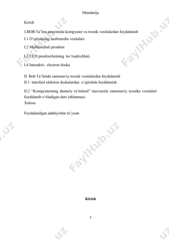 ni joriy etish masalasi ommalashmoqda. hozirda barcha ta’lim muassasalari zamonaviy kompyuter va telekommunikatsiya texnologiyalari bilan jihozlanmoqda. bu esa, pedagoglarning o’z mehnat faoliyatiga yangicha yondashuvni talab etadi. mamlakatimizda “kadrlar tayyorlash milliy dasturi”da belgilangan vazifalardan kelib chiqib, davlat ta’lim standartlari hayotga tadbiq qilinilayotgan bir paytda, talim muassasalaridagi o’quv-tarbiya jarayonini sifatli tashkil etish uchun o’qitishning texnik vositalarini yangi avlodini qollash o’qitish texnologiyasini yanada tezroq rivojlanishiga zamin bo’lib xizmat qiladi. ta’lim tizimining bugungi vazifasi-talaba (o’quvchi, tinglovchi)larni kun sayin ko’payib borayotgan axborot-ta’lim muhiti sharoitida uning mazmunini jadalashgan holda o’rgatishdan iboratdir. buning uchun ta’limda o’qitishning zamonaviy texnik vositalarini qo’llash zarur. ta’lim tizimida o’qitishning texnik vositalarini qo’llash muammolariga bag’ishlangan ko’plab ilmiy tadqiqotlar olib borilgan.hozirgi kunda ham olib borilayotganligi haqida turli axborot vositalarida bayon qilinmoqda. o’qitishning zamonaviy texnik vositalaridan uzluksiz ta’lim tizimida qanday foydalanish mumkin, degan masala bugungi kunda dolzarb hisoblanadi. o’quv yurtlari o’quv jarayonida o’qitishning texnik vositalarini qo’llash borasidagi ilmiy tadqiqotlar n.m. shaxmayev[4],l.p.preessman[8], e.l.belkin[5], l.m. yoqubov[13], shmargun …