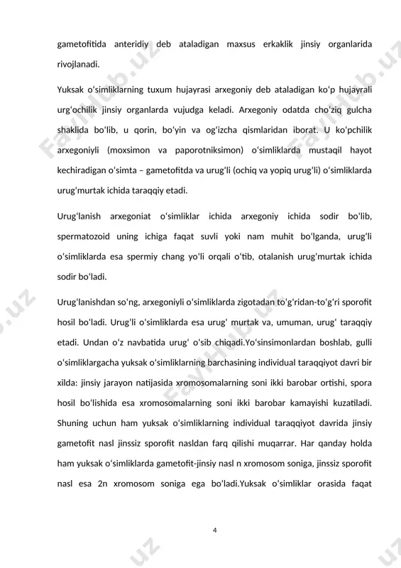 insimonlarda gametofit nasl ustun, qolgan barcha yuksak o‘simliklarda paporotniksimonlardan boshlab gulli o‘simliklarga qadar sporofit nasl ustundir. yuksak o‘simliklarning ichki tuzilishi ham murakkabligi bilan xarakterlanadi. moxsimonlardan boshlab yuksak o‘simliklarning vegetativ va generativ organlari murakkablashadi va differentsiallasha boradi. vegetativ organlarning bu qadar murakkablashib borishi ularning quruq muhitga moslasha borishi bilan bog‘liq. birinchidan uning himoya organlari – qoplovchi to‘qimalari, ikkinchidan ularning suv va suvda erigan moddalarni shimib olishi va butun tanaga tarqatish vazifasini bajaradigan ksilema (yog‘ochlik) o‘tkazuvchi naylar va o‘simlikning yashil qismida hosil bo‘lgan murakkab organik moddalarni butun tanasi bo‘ylab tarqatish vazifasini bajaradigan floema (lub) o‘tkazuvchi to‘qimalar taraqqiy etgan. nihoyat, yuksak o‘simliklarda fotosintez tufayli assimilyatsion to‘qimalar o‘z rivojlanishining yuksak pog‘onasiga ko‘tarilgan. yuksak o‘simliklardan faqat gulli o‘simliklarda assimilyatsiya to‘qimalari – xlorenxima fotosintez jarayonida quyosh nuridan ratsional foydalanish imkoniga ega bo‘lgan ustunsimon va labsimon parenxima hujayralarga differentsiallashgan. yuksak o‘simliklarning 300 000 dan ortiq turi mavjud bo‘lib, ular yer yuzida hukmronlik rolini o‘ynaydi va arktik viloyatlardan …