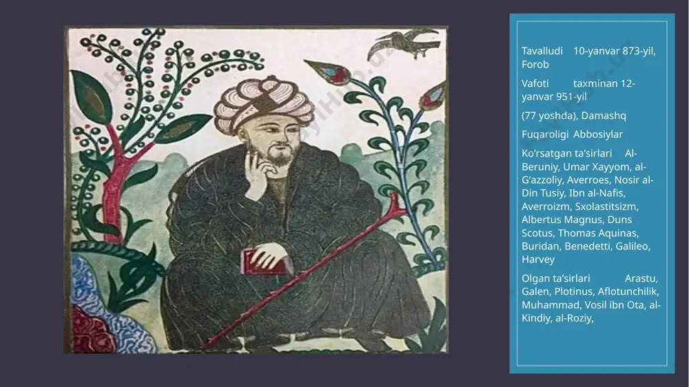 ar, yaʼni 4 unsur: tuproq, havo, olov, suv paydo boʻladi. 4 unsurdan esa nabotot odami, hayvonot olami, inson zoti va notirik tabiat vujudga keladi. organik olamga oʻsimlik ruhi, hayvoniy ruh va insoniy ruh xosdir. jismlarga harakat xos boʻlib, ular oʻzaro bir-biri bilan bogʻlangan. shunday qilib, farobiyning borliq haqidagi taʼlimoti keyingi davrlarda hurfikrlikning keng quloch yozishida muhim ahamiyatga ega boʻldi. farobiy oʻz asarlarida bilish shakllari, insonning ruhiy holati, jon va tananing oʻzaro munosabati, mantiqiy fikrlash toʻgʻrisidagi mulohazalarini bildiradi. uning aytishicha, insonning bilish, ruhiy qobiliyatlarini miya boshqaradi, yurak esa barcha aʼzolarni hayot uchun zarur boʻlgan qon bilan taʼminlovchi markaz vazifasini bajaradi. farobiy „ilm va sanʼatning fazilatlari haqida“ kitobida tabiatni bilishning cheksizligini, bilim bilmaslikdan bilishga, sababiyatni bilishdan oqibatni bilishga, aksidensiya (alaraz)dan substansiya (javhar)ga qarab borishni uqtiradi. inson voqelikni idrok, sezgi, xotira, tasavvur, mantiqiy tafakkur, akl, nutq va boshqa vosita hamda usullar orqali bila oladi. olim hissiy va akliy bilish mavjudligini, ular bir-biridan farq …