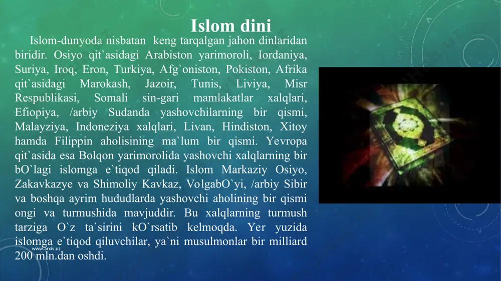 .arxiv.uz buddaviylik dini b u d d a v i y l i k - dunyodagi eng yirik dinlar ichida qadimiylaridan biri hisobianib, mil. av. vi-v asrlarda hindistonda vujudga kelgan. bu dinga e'tiqod qiluvchilar, asosan, janubiy, janubi-sharqiy va sharqiy osiyo mamlakatlari: shri lanka, hindiston, nepal, butan, xitoy, singapur, malayziya, indoneziya, mongoliya, koreya, vbetnam, yaponiya, kombodja, birma, tailand, laosda va qisman yevropa va amerika qit'aiarida, rossiya federatsiyasining tuva, buryatiya, kalmikiya respublikalarida istiqomat qiladilar. hozirgi kunda e'tiqod qiluvchilar soni jihatidan buddizm xristianlik, islom va hinduizmdan so'ng to'rtinchi o'rinni egallaydi. buddistlaming soni taxminan 700 mln. atrofida bo'lib, ulardan 1 mln. ga yaqini rohiblardir. www.arxiv.uz www.arxiv.uz meʼmorchiligida qad. xitoy shahar qurilishiga xos xususiyatlar — qalʼalarning devorlar bilan oʻralganligi, koʻchalar boʻylab shimolidan janubga va gʻarbdan sharqqa yoʻnalgan toʻrtburchak shakldagi turar joy kvartallari qurish asosiy oʻrinni egallaydi. 12-asrga oid paxsa devorlarning qoldiklariga qaraganda shahar hozirgi p.ning janubi-gʻar-biy qismida joylashgan. 13-asrda shahar shim.ga tomon kengaya borgan. 1553 …