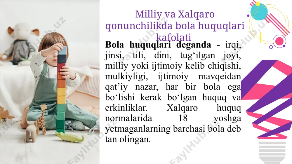 amaldagi holat (xorijda) taklif bola huquqlari to‘g‘risidagi konvensiyaga 1992 yil 9 dekabrda qo‘shilgan. dunyoning 196 davlatida bola huquqlari to‘g‘risidagi konvensiya retifikatsiya qilingan. 1989 yilda qabul qilingan “bola huquqlari to‘g‘risidagi konvensiya” bilan o‘quvchilarni va ota- onalarni doimiy tanishtirib borish. darslarda muntazam ishtirok etmaydigan o‘quvchilarning ota – onasi ma’muriy javobgarlik to‘g‘risidagi kodeksning 47 – moddasiga ko‘ra jarimaga tortiladi. finlyandiyada maktablarda tartib-intizomga yondashuv odatda ijobiy mustahkamlashga va qo‘llab-quvvatlovchi o‘quv muhitini targ‘ib qilishga qaratilgan. maktab ma’muriyati o‘quvchilar bilan suxbatlashishi, ota-onalarni jalb qilish yoki qo‘shimcha yordam ko‘rsatish kabi xulq-atvor muammolarini hal qilish kabi yondashuvlardan foydalanish zarur. № 1 2 chora-tadbirlar t/r muammo amalga oshirish mexanizmi mas’ullar muddati natija 1 bola huquqlarini ta’minlashda ota- onalar bilan hamkorlikni yo‘lga qo‘yish oilada zo‘ravonlikka uchragan o‘quvchilarni aniqlashda sinf rahbari yordamida, shuningdek maktabga biriktirilgan inspektor psixologi va maktab amaliyotchi psixologi ko‘magida ushbu o‘quchilarning ota – onalri bilan davra suhbatlari olib borilib, suhbat jarayonida aniqlangan bo‘shliqlarni bartaraf qilish. o‘quv ishlari bo‘yicha …