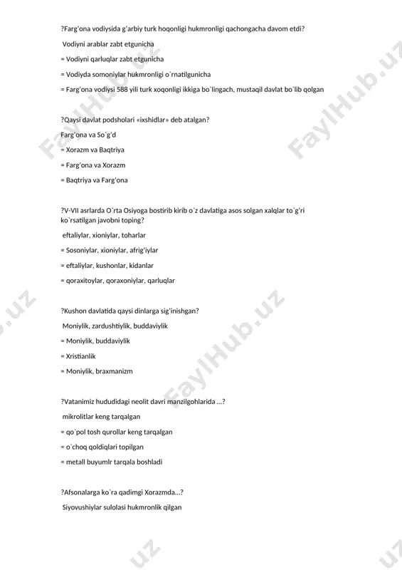 xolchayon = axsikent, afrosiyob, panjikent, varaxsha = quva, bolaliktepa, panjikent, tuproqqal`a ? vi-viii asrlarda haykaltaroshlikning rivojiga turtki bo`lgan asosiy sababni toping.? buddaviylik dinining yoyilishi = nasroniylik dinining yoyilishi = mahalliy hokimlar homiyligi = moniylikning yoyilishi ? eng qadimgi odam vakillarining izlari o‘zbekistonning qaysi hududlaridan topilgan? farg‘ona, toshkent = farg‘ona, qashqadaryo = surxondaryo, xorazm = toshkent, surxondaryo ? o`rta osiyoda yashagan xalqlar nomini ilk bor tilga olgan yozma manba bu...? “avesto” =“behistun” yozuvlari = xitoy manbalari = yunon manbalari ? odamzod yer yuzida qachondan beri yashab kelmoqda? 3,5 mln yildan beri =4 mln yildan beri =5 mln yildan beri =2 mln yildan beri ? qadimgi odamning suyak qoldiqlari topilgan neandertal’ vohasi qaysi davlat hududida joylashgan? germaniya = ispaniya = frantsiya = bel’giya ? ibtidoiy e`tiqod shakllari qaysi javobda tig`ri kirsatilgan? animizm, fetishizm, totemizm, sexrgarlik = islom, xristianlik, iudaizm = totemizm, fetishizm, zardishtiylik = xristianlik, sehrgarlik, fetishizm ? so`g`dda og`il bolalar necha …