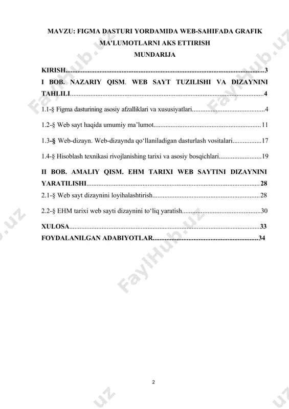 qulay imkoniyat yaratib kelmoqda. web dizayn bo‘lajak web dasturchilar uchun web-saytlar yaratishda qo‘yiladigan talablar, dasturiy vositalar va ularning tasnifi, ulardan foydalangan holda web-saytlar yaratishga oid bugungi kunning zamonaviy bilimlari bilan qurollantirishga e’tibor qaratiladi. web dizaynning maqsadlari: · web texnologiyalar asoslari bilan tanishtirish; · zamonaviy axborot texnologiyalari orqali olinayotgan ma’lumotlarning qanday hosil qilinishi va ulardan foydalanish haqida ma’lumotlarni berish; · web saytlarni hosil qiluvchi dasturlar va dasturlash tillari bilimlari bilan tanishtirish. ushbu ishning ob’ekti figma dasturidir. ishning maqsadi esa elektron hisoblash mashinalari tarixi bilan tanishish, web dizayn asoslari, figma dasturida ishlash ko‘nikmalarini shakllantirish. i bob. nazariy qism 1.1-§ figma dasturining asosiy afzalliklari va xususiyatlari figma - bu dizayn sanoatida keng e’tirof etilgan va qabul qilingan veb dizayn vositasi. 1- rasm. figma logotipi so‘nggi yillarda figma yetakchi bulutga asoslangan dizayn dasturi sifatida paydo bo‘lib, dizaynerlar va dizayn guruhlarini hamkorlikdagi, samarali va foydalanuvchilarga qulay platforma bilan ta’minlaydi. bir qator kuchli xususiyatlar va imtiyozlar …