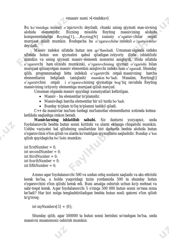 a u fiksirlangan miqdordagi bir turdagi qiymatlardan - sonlardan iboratdir. demak, massiv - bu fiksirlangan miqdordagi ayrim qiymatlarning (massiv elementlarining) tartiblangan majmuasidir. barcha elementlar bir xil turda bo’lishi kerak va bu tur element turi yoki massiv uchun tayanch tur deb nomlanadi. yuqoridagi keltirilgan misolda reyting - haqiqiy turdagi vektor deb nomlanadi. programmada ishlatiladigan har bir konkret massiv o’zining individual nomiga ega bo’lishi kerak. bu nomni to’liq o’zgaruvchi deyiladi, chunki uning qiymati massivning o’zi bo’ladi. massivning har bir elementi massiv nomi, hamda kvadrat qavsga olingan va element selektori deb nomlanuvchi indeksni ko’rsatish orqali oshkor ravishda belgilanadi. murojaat sintaksisi: [ ] bu ko’rinishga xususiy o’zgaruvchi deyiladi, chunki uning qiymati mas-sivning alohida elementidir. bizning misolda reyting massivining alohida komponentalariga reyting[1],…,reyting[n] xususiy o’zgaruv-chilar orqali murojaat qilish mumkin. boshqacha bu o’zgaruvchilar indeksli o’zgaruvchilar deyiladi. massiv indeksi sifatida butun son qo’llaniladi. umuman olganda indeks sifatida butun son qiymatini qabul qiladigan ixtiyoriy ifoda ishlatilishi mumkin va uning …
