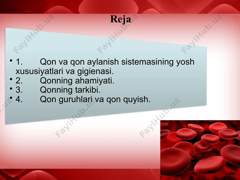 da muhim rol o‘ynaydi. trombotsitlar suyak ko‘migida mayda plastinka shaklida ishlab chiqarnib qonga o‘tadi. qon ivishi qonda erigan fibrinogen oqsilining erimaydigan fibrin ipchalari hosil bo‘lishidir. fibrinogen faol trombin fermenti ta’sirida fibringa aylanadi. qonda passiv protrombin bo'lib, u trombokinaza fermenti va kalsiy tuzi ta’sirida faol trombinga aylanadi. i faza: protrombin +ca+trombokinaza = trombin; ii faza: fibrinogen + trombin = fibrin. qonni ivishi qon guruhlari va qon quyish qonning 4 guruhi farq qilinadi. i guruhda - qizil qon tanachalarida agglyutinogen bo'lmaydi, shuning uchun bu guruh 0 deb nomlanadi. bu guruh plazmasida ikkita tabiiy agglyutinin a, ß bo‘ladi. ii guruhda - eritrotsitlarda agglyutinogen a, plazmada esa agglyutinin ß bo‘ladi. iii guruhda - eritrotsitlarda agglyutinogen b, plazmada agglyutinin a bo‘ladi. iv guruhda - eritrotsitlarda a va b agglyutinogenlar bo‘lib, qon plazmasida agglyutininlar bo‘lmaydi. rezus faktor. 1941-yilda nemis olimi landteyner tomonidan macacus phesis degan maymun qonida topilgan. kishilardan 86% ining qonida rezus-factor borligi, 14% ida …