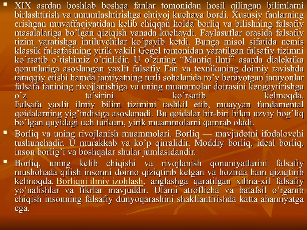 kelgandi. har qanday falsafa o’z davrining mahsuli sifatida shu davr ijtimoiy taraqqiyoti ehtiyojlarini ifodalaydi. shuning uchun insoniyat tarixining turli bosqichlarida turli falsafiy qarashlar mavjud bo’lgan va shunga mos ravishda uning predmeti va vazifalari ham o’zgarib borgan. dastavval, aniq fanlar mustaqil taraqqiy etmagan paytda, falsafa barcha bilimlarni umumlashtiruvchi, fanlarning fani, “umumiy tizim” vazifasini bajarib kelgan edi. shu davrning buyuk mutafakkir olimlari demokrit, arastu, xorazmiy, forobiy, beruniy, ibn sino, ulug’bek va boshqalar, ayni vaqtda tabiat fanlarining ham asoschilari bo’lganlar. shuning uchun dastlabki kezlarda falsafa bir butun ta’limot ko’rinishida mavjud bo’lgan edi. falsafani maxsus bilimlar bilan birlashtirish qadimgi davrga xos xususiyat bo’lgani uchun u tabiat falsafasi, ya’ni «naturfilosofiya» deb ham hisoblangan. u tabiiy fanlar tushunchalariga asoslangan holda tabiatni yaxlit tasvirlab berishga qaratilgan bo’lib, kishilik jamiyatining ilk bosqichida keng taraqqiy etgan mifologik tasavvurlarni siqib chiqarishga asos yaratadi. qadimgi davr falsafasida olamni yaxlit izohlab berish bilan bir qatorda narsa va hodisalarning taraqqiyot qonunlarini o’rganish usullari, …