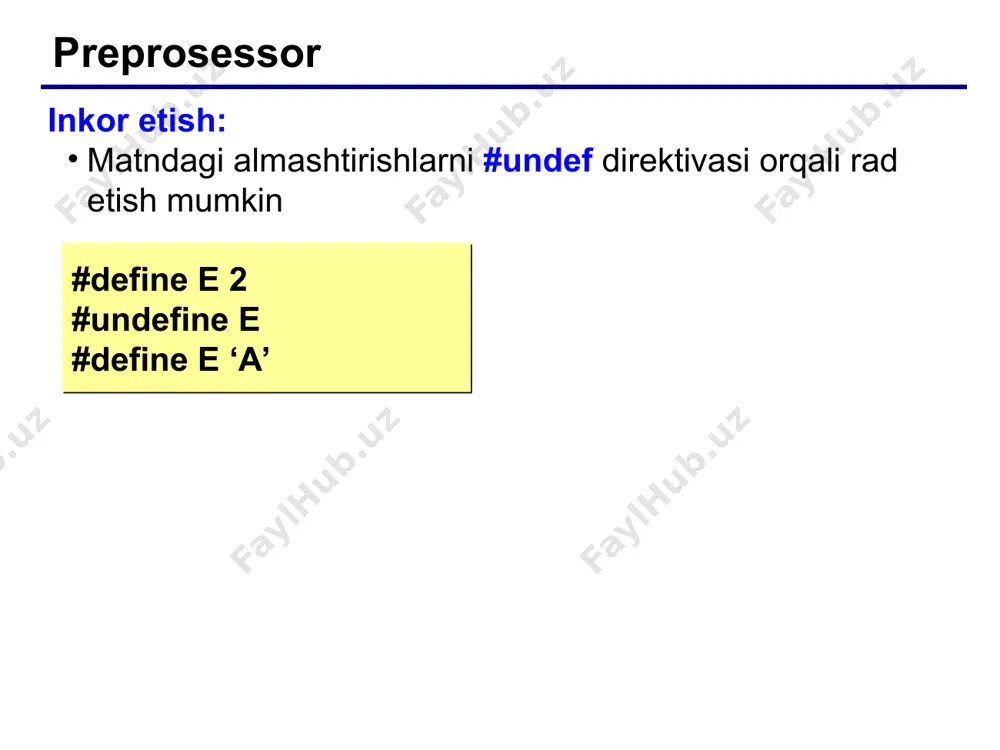 ni va makrosni aniqlanishini bekor qilish; #if -shart ifodani tekshirish; #ifdef - identifikator aniqlanishini tekshirish; #ifndef - identifikator noaniqligini aniqlash; #else - #if uchun alternativ tarmoqning boshlanishi; #endif - shart direktivasi #if ning oxiri; #elif - tarkibiy direktiva #else/#if; #line - keyingi satr nomerini almashtirish; #error - трансляция хатоси хакидаги хабарни формаллаштириш; #pragma - олдиндан аниқланган амаллар; # -бўш директивалар. http://acm.tuit.uz * * preprosessorlarni boshqarish http://acm.tuit.uz preprosessor direktivalaridan tashqari preprosessor amallari xam mavjud, ular buyruqlar bilan birgalikda batafsil o’rganiladi. defined - operandning rostligini tekshirish; ## - preprosessor leksemalarini birlashtiradi; # - operandni satr simvoliga akslantiradi ( aylantiradi). #include - dastur matniga ko’rsatilgan fayldagi matnni ulash (bog’lash, qo’shish) imkonini beradi. #undef - #define direktivasi aniqlagan amallarni bekor qiladi. http://acm.tuit.uz * * preprosessorlarni boshqarish http://acm.tuit.uz масалан: дастлабки матн препроцессор қайта ишлагандан #define begin { кейинги натижа #define end } void main() void main( ) begin { операторлар операторлар end } http://acm.tuit.uz * …