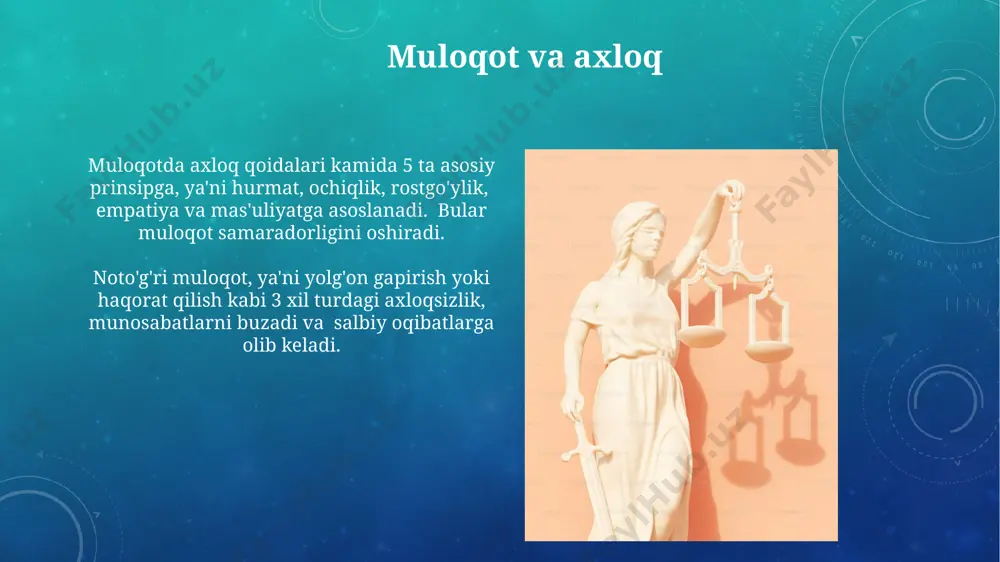 loqiy relyativizm va universalizm kabi 1-2 ta qarama-qarshi axloqiy tizimlar axloqiy haqiqatning mavjudligi va uning umumlashtirilishi mumkinligi haqidagi muhokamalarni keltirib chiqaradi. axloqiy printsiplar va qadriyatlar qadriyatlar tizimi shaxsning hayotdagi 3 ta muhim maqsadi – oila, jamiyat va o’z-o’zini rivojlantirishga yo’naltirilgan bo’lib, ularning uyg’unligini ta’minlaydi. axloqiy printsiplar insonlararo munosabatlarni 5 ta asosiy tamoyilga, ya’ni adolat, hurmat, halollik, mas’uliyat va mehr-oqibatga asoslangan holda tartibga soladi. axloq fanining predmeti axloq fanining predmeti inson xulq-atvorining 3 asosiy qirrasi – axloqiy me'yorlar, qadriyatlar va ularning ijtimoiy hayotdagi namoyon bo'lishini o'rganishni o'z ichiga oladi. axloq fani 2 ta asosiy kategoriya – yaxshilik va yomonlikni tahlil qilib, ularning o'zaro munosabatlarini va inson hayotiga ta'sirini o'rganadi. e'tiboringiz uchun rahmat @taqdimot_robot image3.png image4.jpg image5.jpg image6.jpg image7.jpg image8.jpg image9.jpg image10.jpg image11.jpg image12.jpg image13.jpg image14.jpg image15.jpg