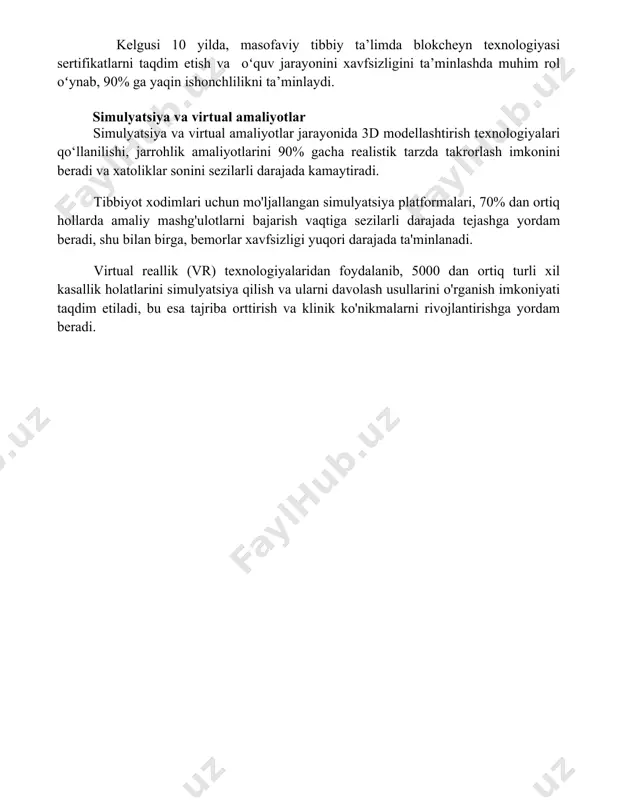 platformalari, 70% dan ortiq hollarda amaliy mashg'ulotlarni bajarish vaqtiga sezilarli darajada tejashga yordam beradi, shu bilan birga, bemorlar xavfsizligi yuqori darajada ta'minlanadi. virtual reallik (vr) texnologiyalaridan foydalanib, 5000 dan ortiq turli xil kasallik holatlarini simulyatsiya qilish va ularni davolash usullarini o'rganish imkoniyati taqdim etiladi, bu esa tajriba orttirish va klinik ko'nikmalarni rivojlantirishga yordam beradi. 📌xulosa масофавий таълим ва электрон ўқитиш тиббиёт мутахассислари учун рақамли платформалар орқали самарали билим ва кўникмаларни ривожлантириш имкониятини яратади, бу эса соҳадаги инновацияларни янада тезлаштиришга хизмат қилади. 📚foydalanilgan adabiyotlar 1. раҳимова, д. а. (2022). тиббиёт ходимлари учун масофавий таълим платформаларининг самарадорлиги. тиббиёт ва саломатлик журнали, 2(1), 55-62. 2. исмоилов, а. б. (2021). онлайн таълим ва тиббиёт таълимидаги замонавий технологиялар. педагогика фанлари мажмуаси, 3(4), 112-120. 3. каримов, б. н. (2020)
