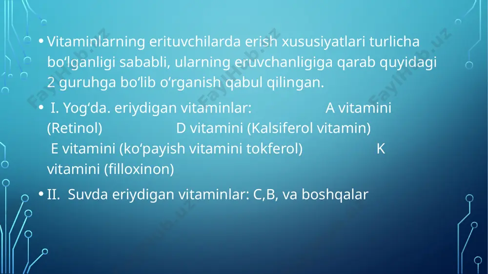 a’ni gemoragiyalar vujudga keladi. shuning uchun ham k vitamini antigemoragik vitamin ham deb yuritiladi. qonga uning 1 mg yuborilsa, u qonni ivish xususiyatini ta’minlovchi protrombin oqsili miqdorini 30% ga kamaytirib yuboradi. natijada qon kapillyarlarining mustahkamligi yoʻqolib, yorilib qon quyilish holatlari roʻy beradi va hayvonni halokatga olib kelishi mumkin. beda va suyak va baliq unida boladi. suvda eruvchi vitaminlarga c, p, b vitaminlari guruhi kiradi. suvda eruvchi vitaminlarning muhim xususiyatlaridan biri shuki, ular ayrim fermentlarning koferment qismi sifatida ishtirok etadi. c vitamini (antiskorbut vitamini )ni birinchi marotaba 1922 yilda rus olimi n.a.bessonov karam shirasidan ajratib olgan. c vitamini rangsiz, hidsiz, suvda yaxshi eriydigan, nordon ta’mli moddadir. u kristall holda uzoq yillar oʻzining xossasini saqlaydi, lekin eritma holida, jumladan oʻsimlik, hayvon mahsulotlari tarkibida buzila boshlaydi, ya’ni u turli omillar ta’sirida oksidlana boradi. c vitamini yetishmaganda qon tomirlari yupqalashib qolib, kollagen oqsili yetishmaganligi tufayli ular teshila boshlaydi, natijada tomirlardan qon chiqa boshlaydi karam …