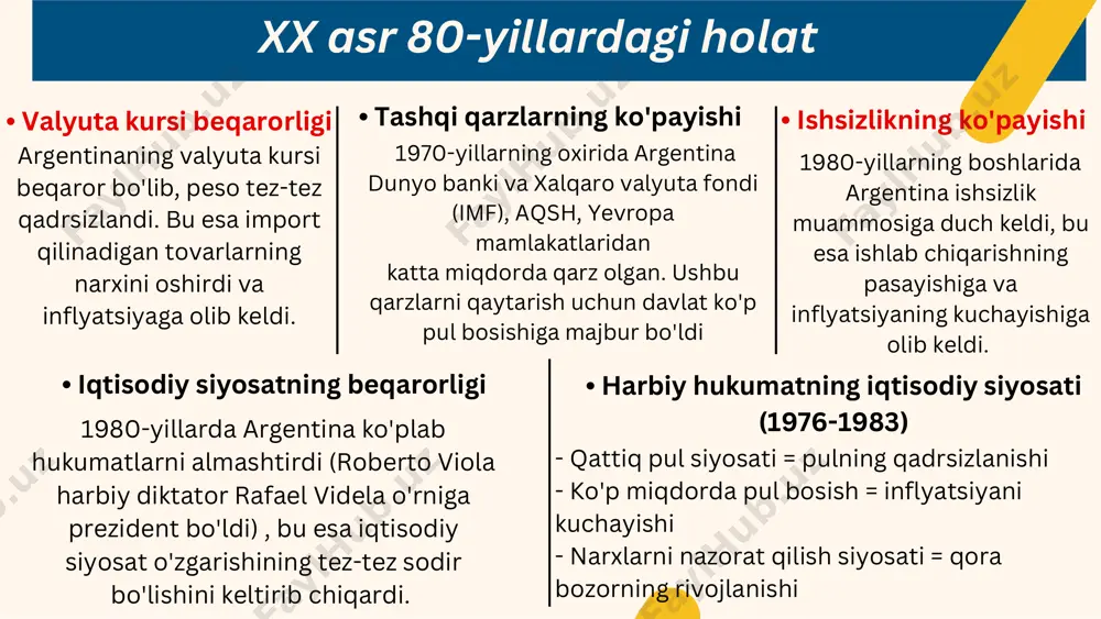 i oshirish va qora bozorlarni yo'q qilish zarur. • iqtisodiy o'sishni rag'batlantirish: ish o'rinlari yaratish, investitsiyalarni jalb qilish va eksportni rag'batlantirish bo'yicha islohotlar amalga oshirilishi kerak. xulosa: inflyatsiya muammosi argentinaning uzoq yillik inflyatsiyaning sabablari ko'p qirrali iqtisodiy siyosat muhim rol o'ynaydi global omillar ham ta'sir ko'rsatadi ichki omillar ham muhim inflyatsiyaning oqibatlari og'ir inflyatsiyani boshqarish qiyin yechimlar mavjud lekin ularni amalga oshirish qiyin thank you