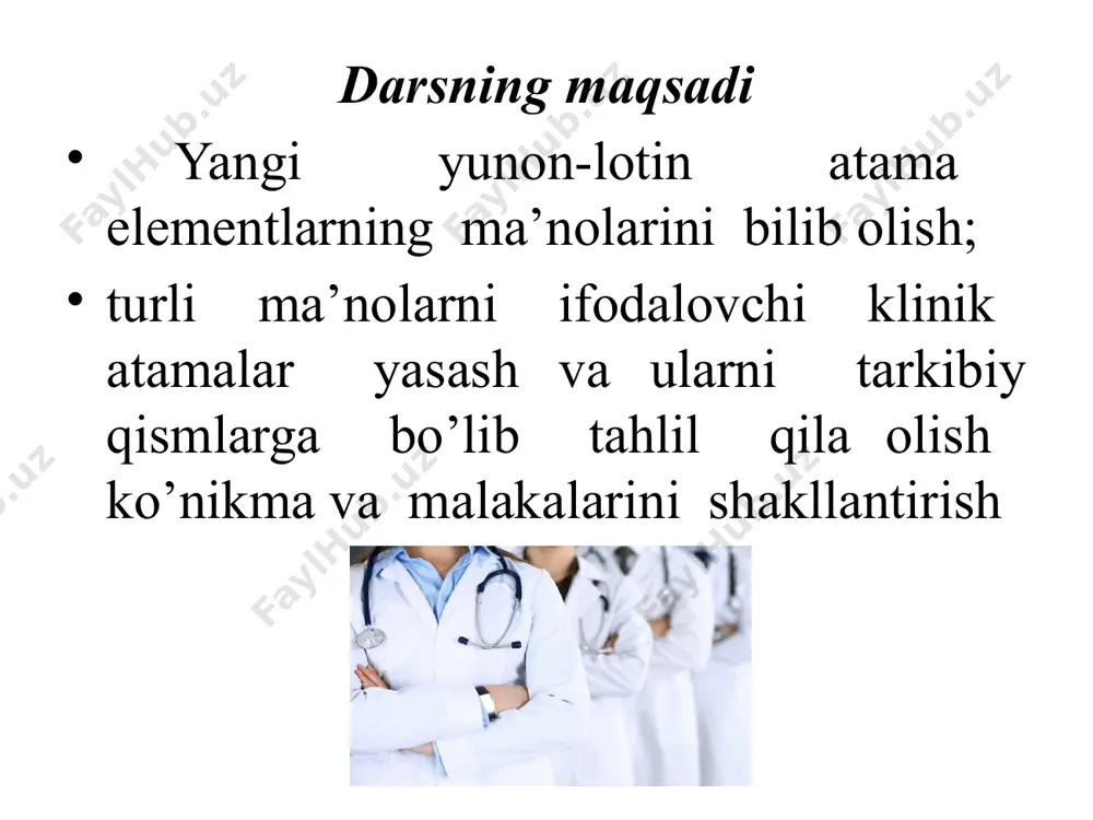 therapia, haemostasis, empyema, haemangioma, haemangiomatosis, haemarthrosis, haematologia, haematoma, haematonephrosis, azotaemia, cholaemia, uraemia, haematuria, urohaematoma, ureteritis, vasoresectio, vasotomia, ectopia, vasoconstrictio, myoma, myoblastus, thymocytus, myoblastoma, perimysium, endomysium, acrohidrosis funksional va patologik holat hamda jarayonlarni ifodalovchi yakka atama elementlar yunon atama elementlari ma’nosi bio – (bios) hayot pnoe, -pmoe (pnoe; pnoia) nafas geno-, -genesis,-genia(genos, genesis) tug’ilish, rivojlanish aesthesio-, aesthesia (aesthesis) sezish astheno-, -asthenia) kuchsizlik, toliqish spiro- (spiro, spiratum) nafas olish pneumo-, pneumato organdagi havo, gaz aero- -aer, havo kinesia, kinemato-,kineto-(kinesis) harakat crin-, -crinia ( krino) ajralib chiqish cytosis ( cytus osis) hujayra miqdorining ortishi penia ( penia) yetishmaslik rhoea (rhoia, rhoe) oqish rhagia (rhagos, haemorrhagia) qon ketishi stasis (stasis) to’xtash tono-,-tonia (tonos, tonus) tonus, bosim plasia (plasis) shakllanish tensio (tension) gidroststik bosim tropho-, -trophia ( tropho) oziqlanish oxy-, oxia (oxys, oxygenium) kislorod phago-, -phagia ( phagein) yutish philo-, philia (phielo, philia) moyillik phobo-, phobia (phobos) qo’rqish tropo-, tropia (tropos, trope) yo’nalish psycho-, psychia …