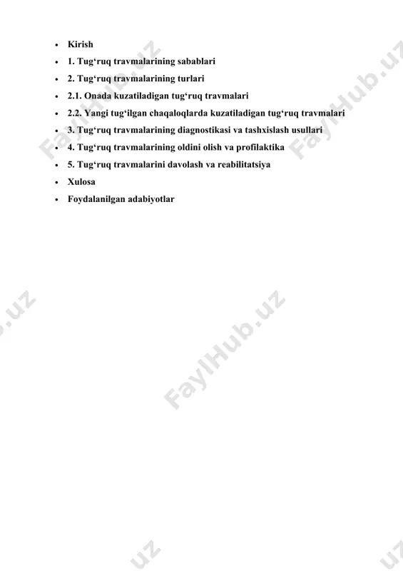 yoki platsentaning noto‘g‘ri joylashuvi tufayli. · tos suyagi va umurtqa pog‘onasiga zarar yetishi – uzun yoki qiyin tug‘ruq natijasida. · 2.2. yangi tug‘ilgan chaqaloqlarda kuzatiladigan tug‘ruq travmalari · bosh suyagi travmalari – bosh suyagi sinishi, kefalogematoma. · neyrotravmalar – bo‘yin umurtqalarining shikastlanishi, markaziy asab tizimi zararlanishi. · ichki a’zolarning jarohatlanishi – jigar, taloq yorilishi. · qo‘l va oyoq suyaklarining sinishi – klavikula sinishi, erb-dyushenn parezi. · 3. tug‘ruq travmalarining diagnostikasi va tashxislash usullari · fizik tekshiruv – ona va chaqaloqning umumiy ko‘rikdan o‘tkazilishi. · radiologik tekshiruvlar – rentgen, utt, mrt. · laborator tekshiruvlar – qon analizlari, biokimyoviy testlar. · 4. tug‘ruq travmalarining oldini olish va profilaktika · homiladorlik davrida profilaktik choralar – maxsus tekshiruvlar va rejalashtirilgan tug‘ruq. · tug‘ruq jarayonini to‘g‘ri boshqarish – malakali akusher-ginekolog nazorati. · tug‘ruq travmalarining oldini olishda zamonaviy texnologiyalar – yangi tug‘ruq usullari va diagnostik vositalar. · 5. tug‘ruq travmalarini davolash va reabilitatsiya · dori-darmon bilan …
