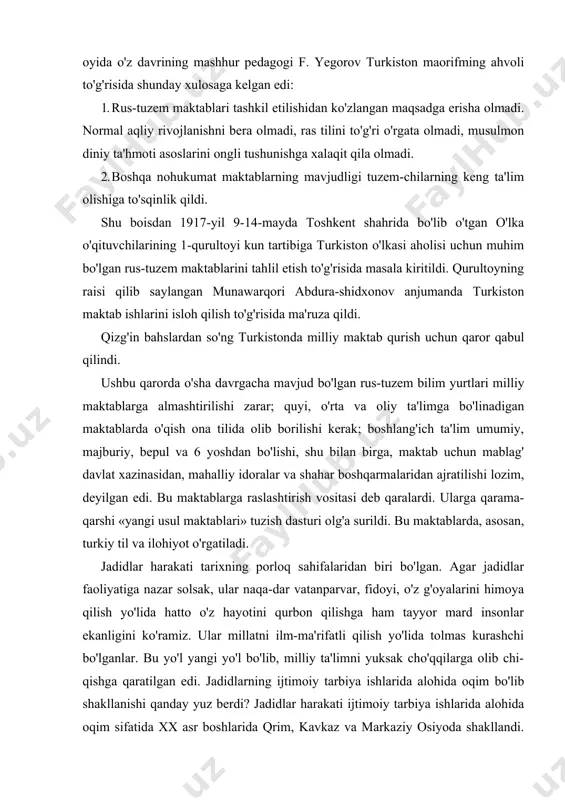 ta-bini ochishga raxsat berdi. ikkinchi jadid maktabini 1898-yilda qo'qonda salohiddin ochdi. 1920-yili turkistonning turli joylarida 50 ga yaqin shunday maktab tuzildi. toshkentda 20 ta, qo'qonda 16 ta ana shunday jadid maktablari ochildi. jadidlar 1908-yilda buxoroda ro'znomalar nashr ettirdilar, yangi usul maktabi («maktabi usuli jadid») tashkil qildilar, bu maktablarda din asoslari bilan birga hisob, geografiya, tabiatshunoslik va boshqa dunyoviy fanlar o'qitilar edi. biroq har qanday islohiy harakatlarga tish-tirnoqlari bilan qarshi turgan jaholatparastlar ig'vosi bilan amirlik saltanati yangi uslub maktablarini yopadi. shundan so'ng 1909-yil 18-iyunda buxoro jadidlari «bolalar tarbiyasi» nomidagi yashirin jamiyat tuzdilar. bu maxfiy jamiyat kambag'al-yo'qsillar uchun maktablar ochdi, ularni bepul o'qitdi, omnia orasida gazeta, jurnal va kitoblar tarqatdi. shu harakatlari bilan mehnatkash xalq fikrini uyg'otishda katta hissa qo'shdi. «bolalar tarbiyasi» jamiyatidagi ma'rifatparvar jadidlar tashabbusi bilan 1912-yilda gazetalar nashr etildi. jadid maktablarini bitirgan o'nlab yoshlar ana shu jamiyat orqali musulmon sharqining istambul, anqara, qohira, makka shaharlariga o'qishga yuborildi. savol: jadidlar oktabr …
