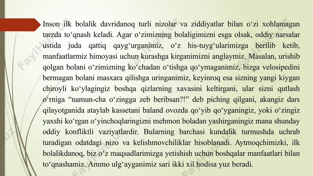 mojaroga moyilligi aniqlangan. bu odamlardagi o‘ziga xos psixik tushuncha bo‘lib, konfliktni kelib chiqishida konfliktogenlar muhim rol o‘ynaydi. konfliktogen – konfliktga bo‘lgan layoqatni anglatadi, ya’ni ziddiyatga moyillikdir. konfliktogenning mazmuni shuki, biz o‘zimiz gapirayotgan gapga u qadar e’tibor qaratmaymiz, ammo boshqa gaplarga shu qadar e’tibor beramizki, unga jiddiyroq tus berishga xarakat qilamiz. konfliktogenlarni mazmun-mohiyatiga ko‘ra quyidagi shakllardan biriga kiritishimiz mumkin: barchadan ustun bo‘lishga intilish. tajovuzkorlikni namoyon qilish. xudbinlikni (egoizm) namoyon qilish. barchadan ustun bo‘lishga intilishda insonda: ko‘ngilchan bo‘lish; manmanlik qilish; o‘ziga yuqori baho berish; ishonish; majburlash; suhbatdoshini yakson qilmoq; habarlarni yashirish; etikani qo‘pol ravishda buzish; tegajog‘liq; yolg‘on gapirish kabi hislatlari namoyon bo‘ladi. tajovuzkor (agressiv) lotincha so‘z bo‘lib, hujum ma’nosini anglatadi. tajovuzkor odamlar tabiatan kamchilikni tashkil etadi. shunga ko‘ra tajovuzkorlikni namoyon bo‘lishida quyidagi shakllar muhim o‘rin tutadi: kuchli tajovuzkor odam o‘zining ichki muammolarini atrofidagi odamlar hisobiga hal etishga intiladi. kuchli tajovuzga ega bo‘lmagan odamlar esa boshqalarga tajovuz o‘tkazishga harakat qilishdan oldin uni natijasini …