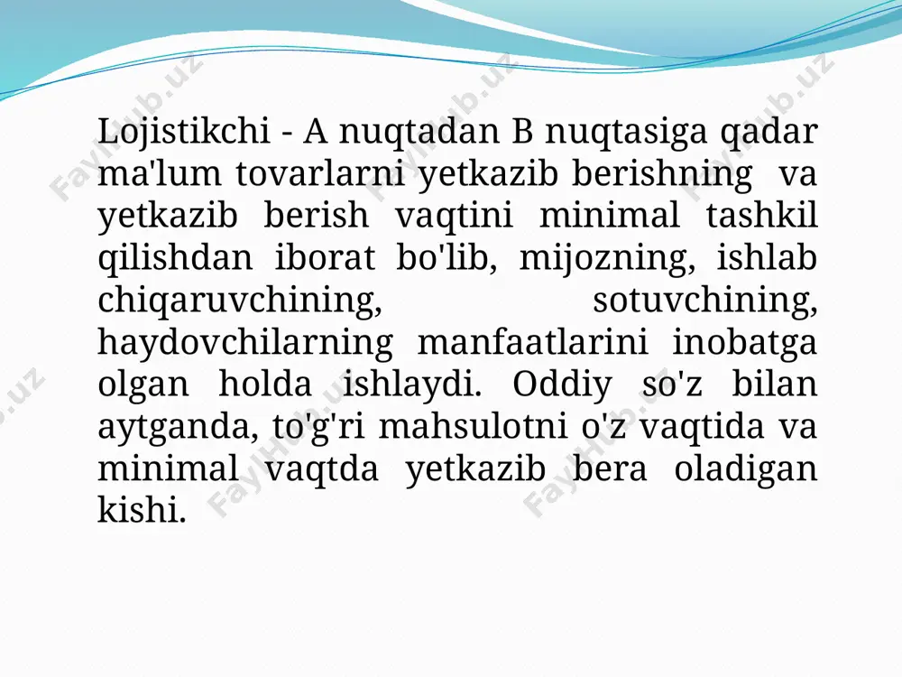 loqa tarmog'i, uskunalar va lokomotivlarga yonilg'i quyish punktlari. 11 avtomobil transporti avtotransport vositalarida relssiz yo'llarda yuk va yo'lovchilarni tashishni amalga oshiradi. pros minuslar yuqori mavjudligi; yuklarni uyma-uy yetkazib berish imkoniyati; yuqori moslashuvchanlik va manevr qobiliyati; yuqori etkazib berish tezligi; turli yo'nalishlardan foydalanish imkoniyati; yuklarni oz miqdorda jo'natish imkoniyati; tegishli tashuvchini tanlash uchun keng imkoniyatlar. kam samaradorlik; ob-havo va yo'l sharoitlariga bog'liqlik; uzoq masofalarga tashishning yuqori narxi; yukni tushirish uchun uzoq vaqt kutishning mumkin emasligi; yuk o'g'irlash va transport vositalarini o'g'irlash xavfi. avtomobil transportining xususiyatlari: avtotransport vositalari: barcha turdagi avtomobillar (yuk mashinalari, yengil avtomobillar, trolleybuslar, avtobuslar); aloqa yo'llari: yo'llar, tunnellar, ko'priklar va yo'l o'tkazgichlar; signal va nazorat: svetofor, yo'l belgilari, yo'l politsiyasi, yo'l harakati qoidalari; transport markazlari: avtovokzallar, avtobus bekatlari, avtoturargohlar va boshqalar; energiya ta'minoti: aloqa tarmog'i, yoqilg'i quyish shoxobchalari; texnik qo'llab-quvvatlash: yo'l xizmatlari, texnik xizmat ko'rsatish stantsiyalari, avtobus depolari. quvur transporti suyuq va gazsimon moddalarni quvur orqali, shuningdek, uning kesimlarida …