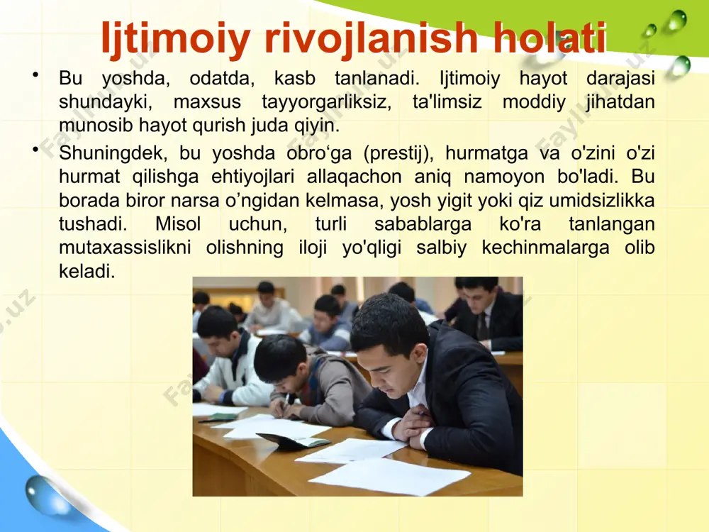 asosli fikr bildirishga qiynaladilar. shu sababli kasb tanlash davrida oqilona va to‘g‘ri yo‘l tutishni bilmay dovdirab qoladilar yoki tavakkaliga ish ko‘radilar. o‘zlarining imkoniyatlarini hisobga olib harakat qilishga ojiz bo‘ladilar. kuzatishlarimizning birida g‘. ismli ilk o‘spirin (akademik litsey o‘quvchisi) o‘z kelajagi haqida quyidagi fikrlami bildirdi: o‘quvchilarini qiziqishlari, mayllari, intilishlari, qobiliyatlari, iste’dodlari asosida tanlagan kasblariga to‘g‘ri yo‘na!tirish o‘spirinlar uchun katta hayotiy masaladir. kasb tanlash jarayonida ilk 0‘spirinlarga o‘qituvchilar, ota-onalar, jamoatchilik, o‘z kasbining ustalari, murabbiylar alohida e’tibor berishlari kerak. v.a.kruteskiyning ma’lumotlariga qaraganda, pedagogika instituti talabalarining yarmi o'qituvchilik kasbini yoqtirib o‘qishga kirgan. ulaming qolgan qismi esa institutga tasodifan kirib qolgan. biroq bu oliy o‘quv yurtiga o‘z xohishi bilan kirgan talabalar orasida ham har xil mulohazalar mavjud. pedagog kasbini yoqtirib o‘qishga kirgan talabalaming chorak qismi faqat olgan bilimlarini boshqalarga o‘rgatish maqsadini bildirgan bo‘isalar, yana shuncha ilk o‘spirin!ar institutda o‘qitilayotgan biror fanni sevganlari uchun o'qishga kirganini aytgan. talabalaming beshdan bir qismi bolalami chin ko‘ngildan yaxshi ko‘rgani …
