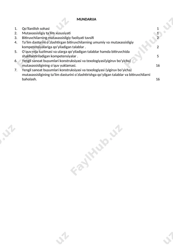 irlash, harakat xotirasi va moslashuvchanlik. 2.3. ta’limni davom ettirish imkoniyatlari. yengil sanoat buyumlari konstruksiyasi va texologiyasi (yigiruv bo’yicha) mutaxassisligi bitiruvchisi keyinchalik mutaxassisligiy ta’limini chuqurlashtirish maqsadida: · kadrlar malakasini oshirish tizimida, tarmoq o‘quv muassasalarida va maxsus kurslarida malakasini oshirishi; · mutaxassisligiy faoliyatning tegishli sohasida yanada yuqoriroq malakaga erishish maqsadida oliy ta’lim muassasalarida o‘qishni davom ettirishi mumkin. 2.4. o‘qishga qabul qilish shartlari. o‘qishga qabul qilish shartlari amaldagi qonunchilik asosida amalga oshiriladi. 3. bitiruvchilarning mutaxassisligiy faoliyati tavsifi 3.1. bitiruvchining mutaxassisligiy faoliyat sohasi: mutaxassisligiy bilim, malaka va amaliy ko‘nikmalarning qo‘llanish doirasidir, paxta tolasi ishlab chiqarishda ishlatiladigan xom ashyolar. xom ashyoni tayyorlash tartibi. yigiruv sanoatida, titish tozalash dastkoxlari texnologi. tarash kayta tarash mashinalari texnologi. piltalash mashinalari texnologi. piliklash mashinalari texnologi yigirish mashinalari texnologi. yigirish sanoatida chiqayotgan pilta pilik va ipning sifatini nazorat qilish, tozlar, tormozlash moslamalarni inobatga olish, mehnat muhofazasi qoidalariga amal qilgan holda bajarish. 3.2. bitiruvchining mutaxassisligiy faoliyat ob’ektlari: 3.2.1. yengil sanoat buyumlari konstruksiyasi …