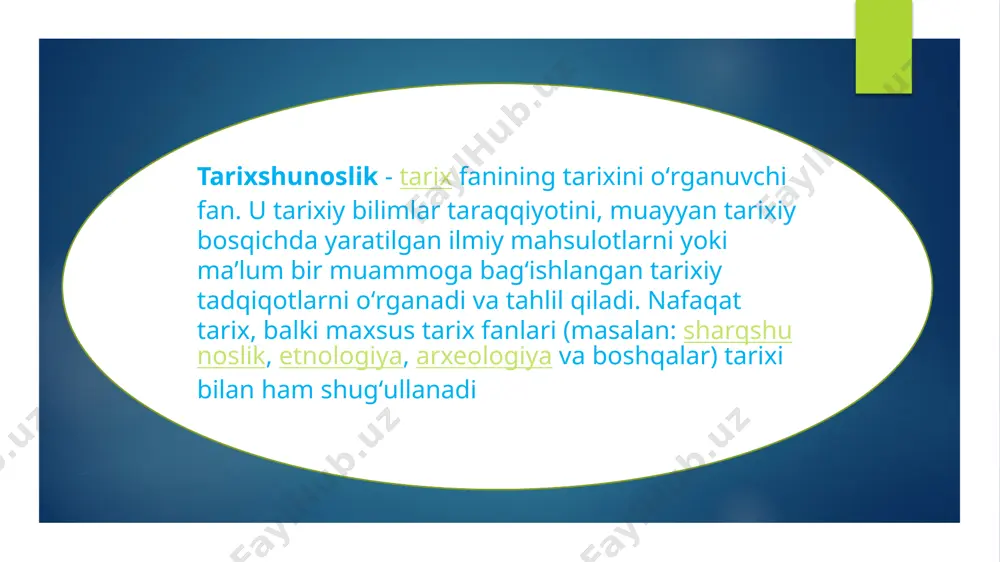 qadimgi xalqlardan qolgan yodgorliklar“ va „hindiston“, abu bakr narshaxiyning „tarixi buxoro“, sharafuddin ali yazdiyning „zafarnoma“, boburning „boburnoma“, muhammad yusufbek bayoniyning „tarixi xorazm“, „shajarai xorazmshohiy“, ahmad donishning „buxoro amirlarining tarjimai hollari“ va boshqalarda muayyan maʼlumotlarni umumlashtirishga, fakt va tarixiy jarayonlar bayonida tahliliy yondashuvga boʻlgan harakatlar kuzatiladi. oʻzbekistonda tarixshunoslik tarix fanining maxsus sohasi va alohida tadqiqot predmeti sifatida xx asrning ikkinchi yarmida shakllandi. oʻzbekiston fanlar akademiyasi tarix instituti tashkil topgach, bir qator tarixshunoslar, jumladan, v.ya. nepomnin, r.n.nabiyev, i.k. dodonov, l.m.landa, x.i.inoyatov, b.v.luninlar muayyan muammolarning tarixshunosligini tadqiq qilishga kirishdilar. 1968-yil tarix instituti qoshida „tarixshunoslik“ sektori, keyinroq boʻlim tashkil etilishi bu sohaning rivojiga katta hissa qoʻshdi (boʻlimni 1968—1988 yillarda tarix fanlari doktori b.v.lunin, 1988—1992 yillarda tarix fanlari nomzodi v.a.germanov boshqargan, 1992-yildan tarix fanlari doktori, professor d.a.alimova rahbarlik qilib kelmoqda oʻzbekistonda tarix fani va uning baʼzi sohalari rivoji dinamikasini yorituvchi asarlar [axunova m.a., lunin b. v., istoriya istoricheskoy nauki v uzbekistane, t., 1970; xx asrning …
