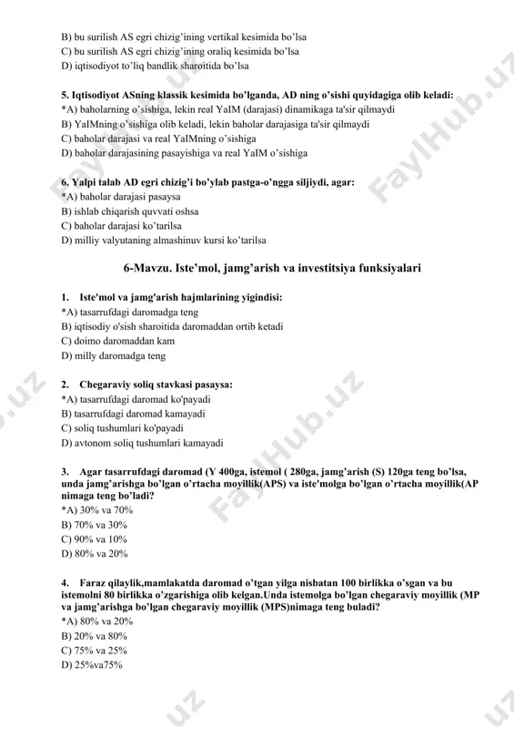 valyutaning almashinuv kursi ko’tarilsa 6-mavzu. iste’mol, jamg’arish va investitsiya funksiyalari 1. iste'mol va jamg'arish hajmlarining yigindisi: *a) tasarrufdagi daromadga teng b) iqtisodiy o'sish sharoitida daromaddan ortib ketadi c) doimo daromaddan kam d) milly daromadga teng 2. chegaraviy soliq stavkasi pasaysa: *a) tasarrufdagi daromad ko'payadi b) tasarrufdagi daromad kamayadi c) soliq tushumlari ko'payadi d) avtonom soliq tushumlari kamayadi 3. agar tasarrufdagi daromad (y 400ga, istеmol ( 280ga, jamg’arish (s) 120ga tеng bo’lsa, unda jamg’arishga bo’lgan o’rtacha moyillik(aps) va istе'molga bo’lgan o’rtacha moyillik(ap nimaga tеng bo’ladi? *a) 30% va 70% b) 70% va 30% c) 90% va 10% d) 80% va 20% 4. faraz qilaylik,mamlakatda daromad o’tgan yilga nisbatan 100 birlikka o’sgan va bu istеmolni 80 birlikka o’zgarishiga olib kеlgan.unda istеmolga bo’lgan chеgaraviy moyillik (mp va jamg’arishga bo’lgan chеgaraviy moyillik (mps)nimaga tеng buladi? *a) 80% va 20% b) 20% va 80% c) 75% va 25% d) 25%va75% 5. rejalashtirilmagan investitsiyalar: *a) tobar …