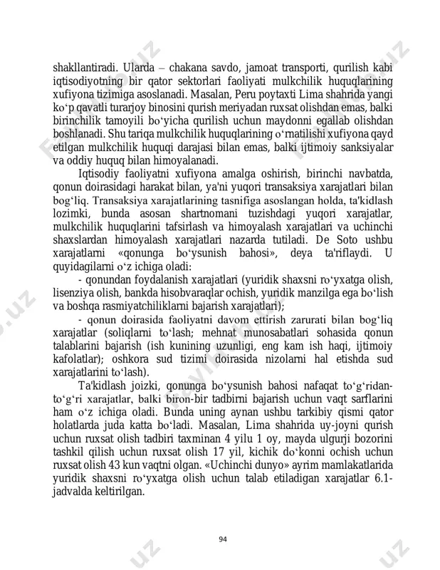 vqe, hokimiyat va bo‘ysunish, qonunlar va ularni buzish huquqi» va hatto ishlab chiqarish davlat rejalari ham ishtirok etgan. perulik olim ernando de soto tadqiqotlarida lotin amerikasi mamlakatlari misolida xufiyona iqtisodiyot masalalari jiddiy tahlil etilgan. ularda davlat sud-huquq tizimi va u himoya qiladigan mulkchilik huquqlari almashuvlarning faqat kichik bir qismi mexanizmini 94 shakllantiradi. ularda – chakana savdo, jamoat transporti, qurilish kabi iqtisodiyotning bir qator sektorlari faoliyati mulkchilik huquqlarining xufiyona tizimiga asoslanadi. masalan, peru poytaxti lima shahrida yangi ko‘p qavatli turarjoy binosini qurish meriyadan ruxsat olishdan emas, balki birinchilik tamoyili bo‘yicha qurilish uchun maydonni egallab olishdan boshlanadi. shu tariqa mulkchilik huquqlarining o‘rnatilishi xufiyona qayd etilgan mulkchilik huquqi darajasi bilan emas, balki ijtimoiy sanksiyalar va oddiy huquq bilan himoyalanadi. iqtisodiy faoliyatni xufiyona amalga oshirish, birinchi navbatda, qonun doirasidagi harakat bilan, ya'ni yuqori transaksiya xarajatlari bilan bog‘liq. transaksiya xarajatlarining tasnifiga asoslangan holda, ta'kidlash lozimki, bunda asosan shartnomani tuzishdagi yuqori xarajatlar, mulkchilik huquqlarini tafsirlash va …