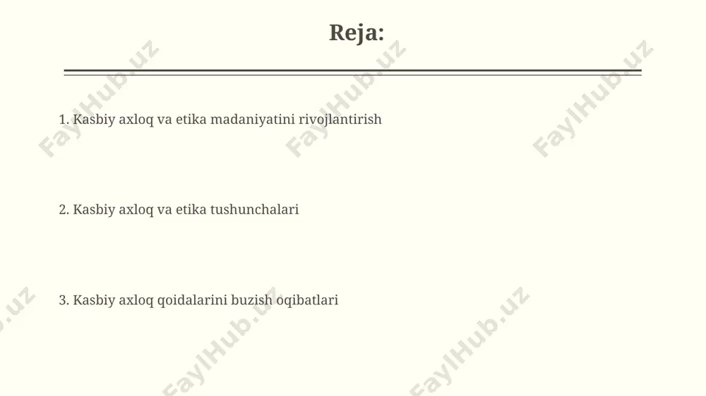ni o’z ichiga oladi. kasbiy etika kodekslari, o’rtacha 5-7 bo’limdan iborat bo’lib, xodimlarning 20% dan ortig’i bu kodekslarni muntazam ravishda o’rganishini taqozo etadi. kasbiy axloq va qonunchilik kasbiy axloq qoidalari buzilishi 3 yildan 5 yilgacha ozodlikdan mahrum qilish bilan jazolanishi mumkin, agar bu jiddiy jinoyatlarga olib kelgan bo'lsa. korrupsiya, poraxo'rlik kabi noqonuniy harakatlar kasbiy axloq va qonunchilikning 2-bobida batafsil bayon etilgan va qattiq jazoga tortiladi. kasbiy rivojlanish va axloqiy mas'uliyat kasbiy rivojlanish jarayonida shaxsning 3 ta asosiy axloqiy printsipga – halollik, mas’uliyat va adolatga rioya qilishi muhim ahamiyat kasb etadi. korporativ axloq kodekslarining samaradorligi 70% ga yaqin bo'lib, uning amalga oshirilishi xodimlarni 20% ga yuqori darajada axloqiy mas’uliyatga undaydi. e'tiboringiz uchun rahmat @taqdimot_robot image2.jpg image3.jpg image4.jpg image5.jpg image6.jpg image7.jpg image8.jpg