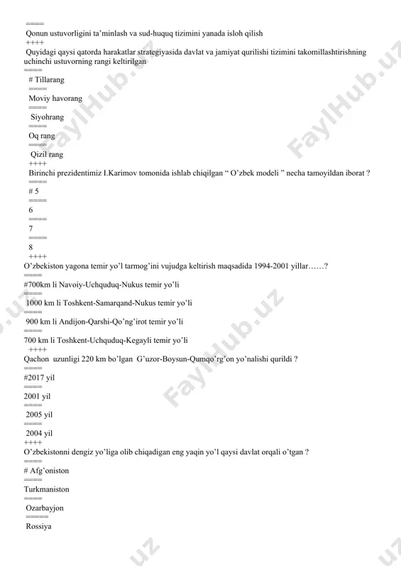 tutsiyasi, 10-modda ==== o‘zbekiston respublikasining konstitutsiyasi, 11-modda ==== o‘zbekiston respublikasining konstitutsiyasi, 7-modda ++++ baynalmilal madaniya tmarkazi qachon tashkil etilgan? ==== #1992-yil ==== 1994-yil ==== 1991-yil ==== 1993-yil ++++ o’zbekiston respublikasi prezidenti saylovi tog’risida”gi qonuni qachon qabul qilingan? ==== #1991 yil 18noyabr ==== 1991yil 29dekabr ==== 1995yil 26mart ==== 1991yil 24mart ++++ o’zbekiston respublikasi pezidentligiga muqobillik asosida saylov qachon bo’lgan ? ==== #1991yil 29dekabr ==== 1991yil 18noyabr ==== 1991yil ===== 19dekabr ==== 1995 yil 26mart ++++ nechanchi yildan boshlab parlament oliy majlis nomi bilan ataladigan bo’ldi? ==== #2005 yil ==== 1995 yil ==== 2004yil ==== 2003yil ++++ qachondan boshlab oliy majlis ikki palatali parlament sifatida o’z faoliyatini boshlagan? ==== # 2005 yil ==== 2000yil ==== 1995 yil ==== 2002yil ++++ o’zbekistonda vitse-prezident qachon tugatilgan? ==== # 1992y 4yanvar ==== 1990yil 15 noyabr ==== 1993yil 5yanvar ==== 1992yil 14yanvar ++++ o’zbekistonda bosh vazir lavozimi qachon tasis etilgan? ==== #1992yil 4yanvar ==== 1995yil …