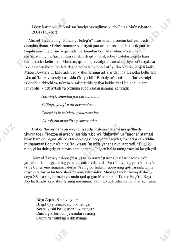 a gap ketganda taroziy aytganidek, turklarga xos janr deb uni ruboiyning bir turi emas, balki alohida janr sifatida tilga oladi. jumladan, alisher navoiy “mezon ul-avzon” asarida tuyuq janrining bir qator shoirlarning ijod namunalari orqali tahlil etadi. “va yana turk ulusi bataxsis chig’atoy xalqi aro shayx avzonikim mashhur vaznlar alar surudlarini (qo’shiqlarini) ul vaznlar birla yasab majolisda ayturlar. birisi tuyuqdururkim, ikki baytqa muqarrardur va ul vazn ramali musammani maqsurdur. ” ahmad taroziy ruboiyning bir turi deya ta’riflagan tuyuq janri haqidagi qarashlariga sabab bizningcha, balki shakily tomondan ruboiyga o’xshashligidandir? bunda ruboiy ham tuyuq singari to’rt misradan tashkil topgan. yana qofiyalanishi ham bir xil:a,a,b,a yoki a,a,a,a tarzda qofiyalanadi. taroziy shu jihatlarini e’tiborga olgan holda asarida janrni shunday belgilagan bo’lishi mumkin.shuningdek, shershunoslik ilmiga doir asarlarga tanqidiy jihatdan hamda tahliliy tomondan qaralmaganligidadir? bunisi bizga noma’lum. bu jihatdan ahmad taroziy tuyuqni turk shoirlari ixtirosi deya tilga olganida bu janrning rivojida dastlabki bosqich bo’lganidan dalolat beradi. chunki …