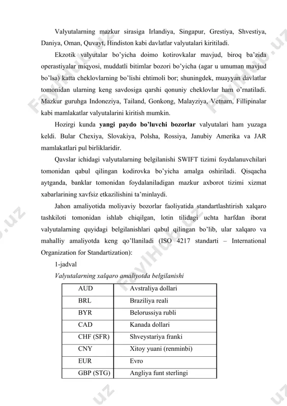 stiya lirasi uah ukraina grivnasi usd aqsh dollari uzs o’zbekiston so’mi zar janubiy afrika rendi xorijiy valyuta bilan deviz tushunchasi bog’liqdir. deviz - bu, xorijiy valyutadagi har qanday vositadir. qabul qilingan xalqaro qoidalarga asosan har bir davlatning valyutasi 3 harf bilan belgilanadi. bunda ushbu harflarning birinchi 2 tasi mamlakatni, 3- esa valyuta nomini belgilaydi. masalan, us - qo’shma shtatlar, d - dollar yoki gb - buyuk britaniya, p - paund. ushbu belgilanishlar valyutalar kodlari deb ataladi. ayrim davlatlar valyutalarining svift kodlari ushbu mavzuning ilovasida keltirilgan. valyutalar jahon bozorida o’zlarining muomalada bo’lish xususiyatlariga ko’ra erkin muomalada yuradigan, muomalasi qisman yoki butunlay cheklangan, yopiq yoki ekzotik valyutalarga bo’linadi. ba'zi bir davlatlarning milliy pul birliklarini mazkur davlatlarda valyuta munosabatlari borasida mavjud va harakatda bo’lgan qonun-qoidalariga asosan xorijga chiqishi hamda u erda muomalada bo’lishi chegaralanadi. jahon bozorining paydo bo’lishi, xalqaro mehnat taqsimotining chuqurlashishi, ishlab chiqarish kuchlarining o’sishi, jahon xo’jaligi tizimining shakllanishi, xo’jalik aloqalarining baynalminallashuvi …