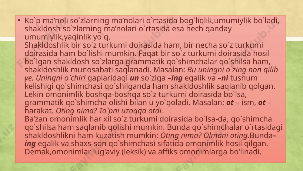 rdan foydalanish fikrimizni taʼsirli ifodalashda katta ahamiyatga ega. ayniqsa, badiiy adabiyotda zid maʼnoli soʻzlarni bir-biriga zidlash asosida badiiy sanʼat hosil qilinadi. bunday sanʼatga tazod sanʼati deyiladi. 8 paronimlar paronimlar (para... va yun. oyma — nom, ism) — talaffuzi, eshitilishi va morfem tarkibi oʻxshash, leksik maʼnolari boshqa-boshqa yoki qisman yaqin boʻlgan soʻzlar. tilda ana shunday soʻzlarning mavjud boʻlish hodisasi paronamiya deyiladi. paronimiya muammosi nutqda paronimlarni ataylab yaqinlashtirish yoki ularning maʼnosini bilmay, farqlamay adashtirib qoʻllash (nutqiy xato) natijasida kelib chiqadi. paronimlarning qoʻllanishi bilan borlik, bunday masalalar tegishli ravishda nutq madaniyati va uslubshunoslik tomonidan oʻrganiladi. "paronimlar" terminini dastlab aristotel yasama soʻz maʼnosida taklif etgan. rus tilshunosligida koʻpincha paronimlar deganda bir soʻz turkumiga mansub, bir xil oʻzakli soʻzlar tushuniladi [mas, adresat — adresant (oluvchi — yuboruvchi), predstavitsya — prestavitsya (oʻzini tanitmoq — oʻlmoq)]. oʻzbek tilshunosligida esa nafaqat bir xil oʻzakli soʻzlar, balki eshitilishi bir-biriga oʻxshash har xil oʻzakli soʻzlar ham paronimlar deb tushuniladi (masalan, …